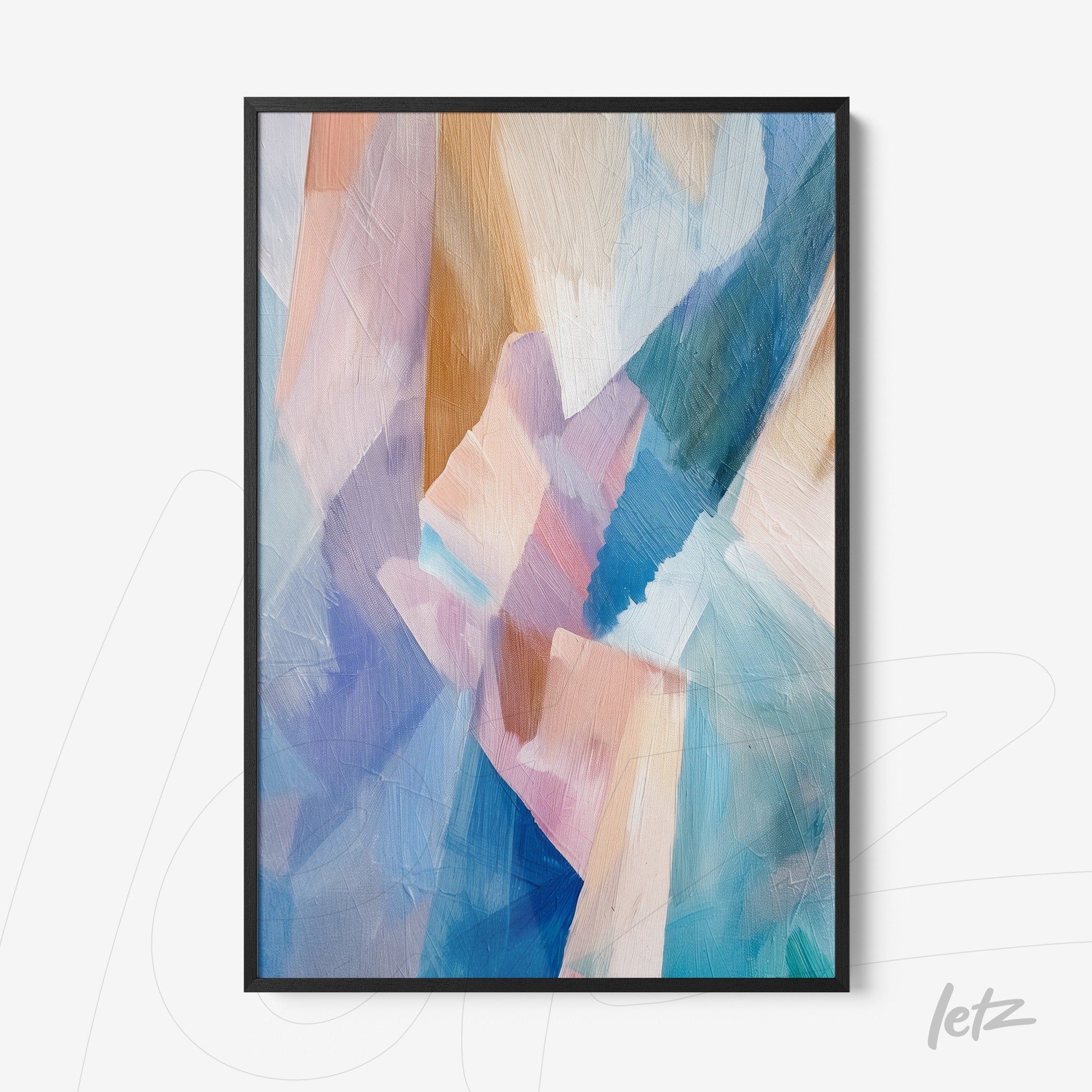 quadro com pintura abstrata em tons de azul e rosa, com texturas suaves em moldura preta