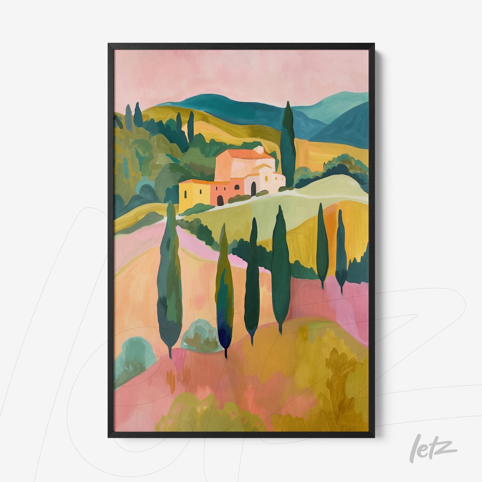 quadro com ilustração de paisagem toscana, apresentando colinas verdes e cypress em tons pastéis, moldura preta