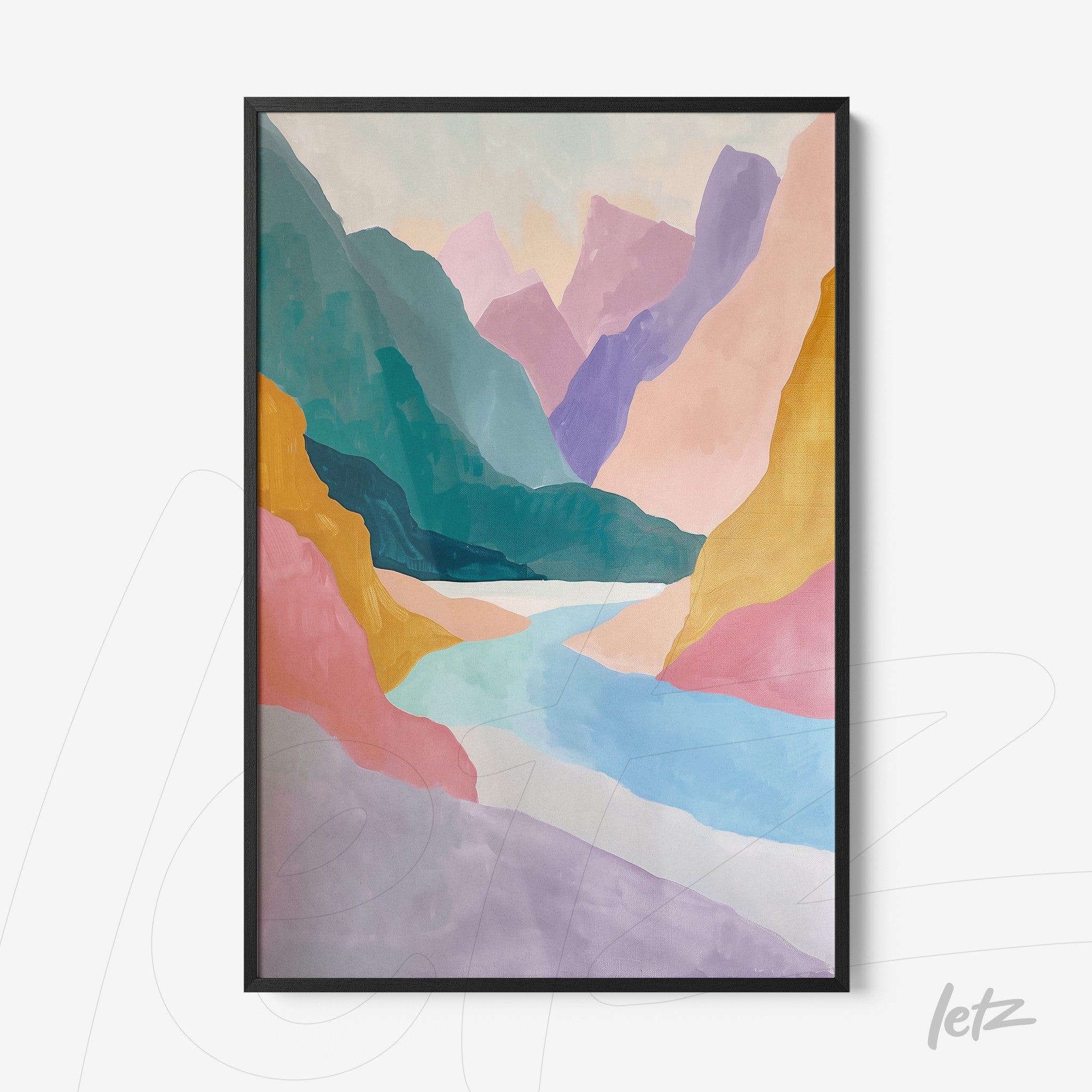 quadro com arte abstrata de paisagem montanhosa em moldura preta