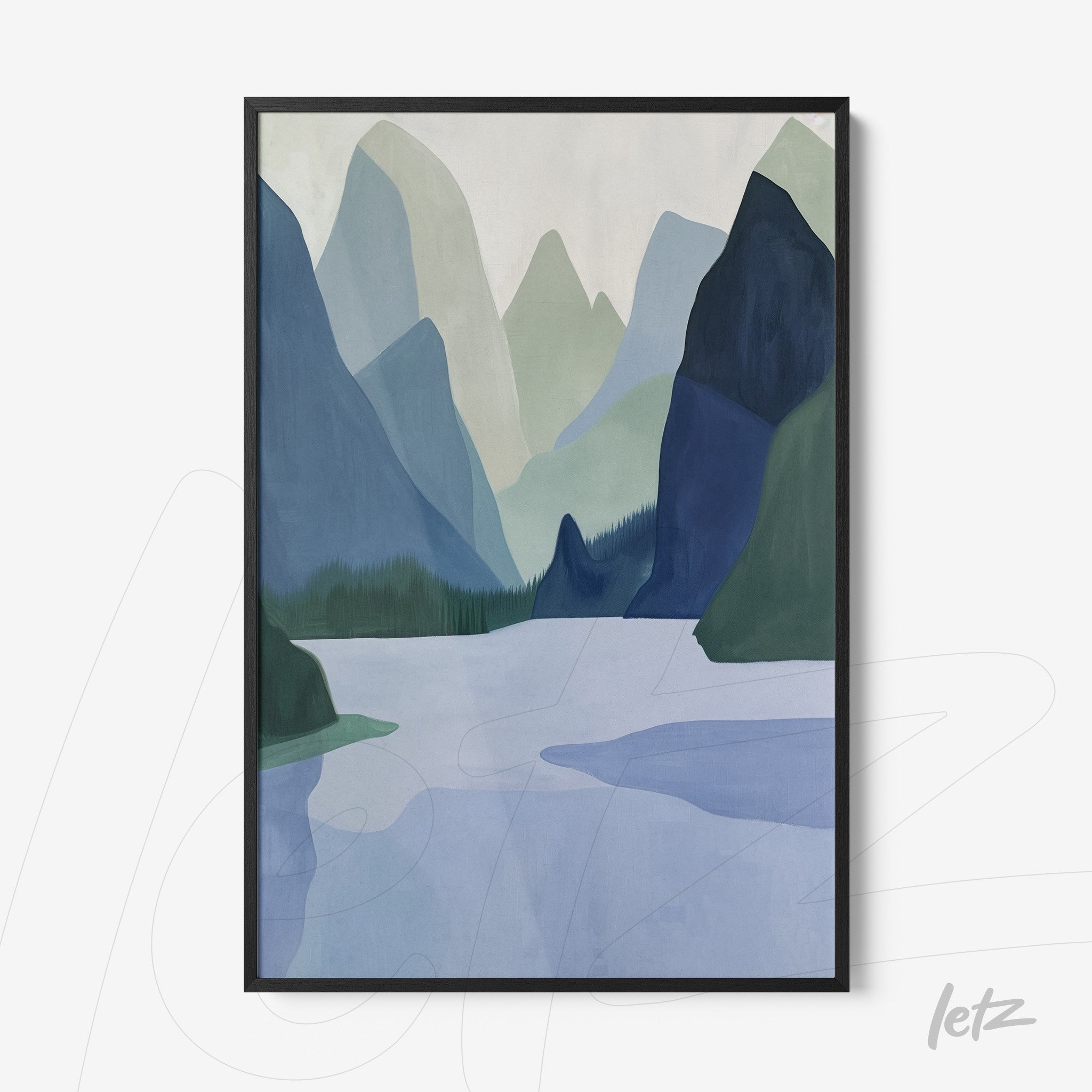 quadro em moldura preta com paisagem abstrata de montanhas e lago em tons de azul e verde