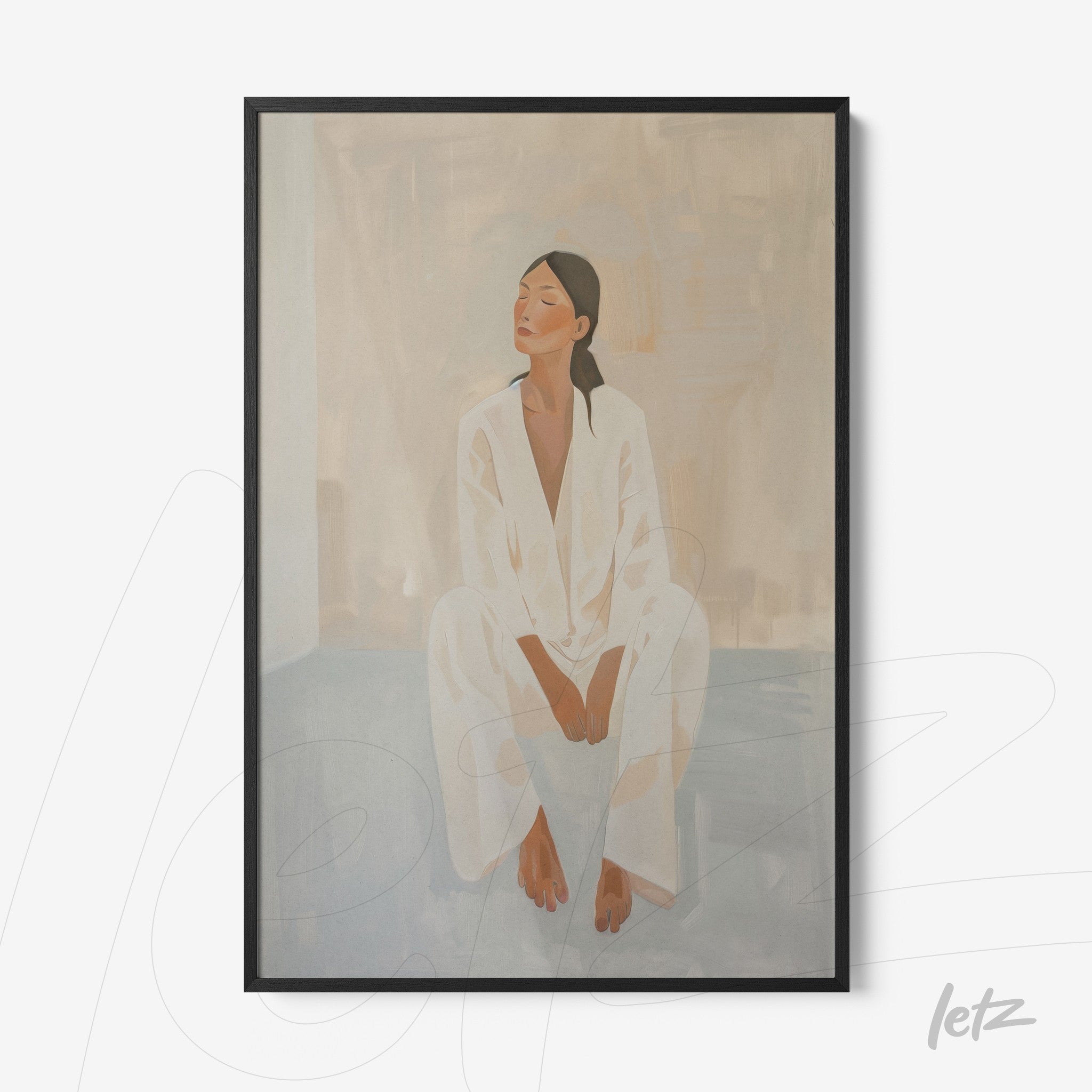 quadro com ilustração de mulher sentada em roupas brancas de tecido leve, moldura preta