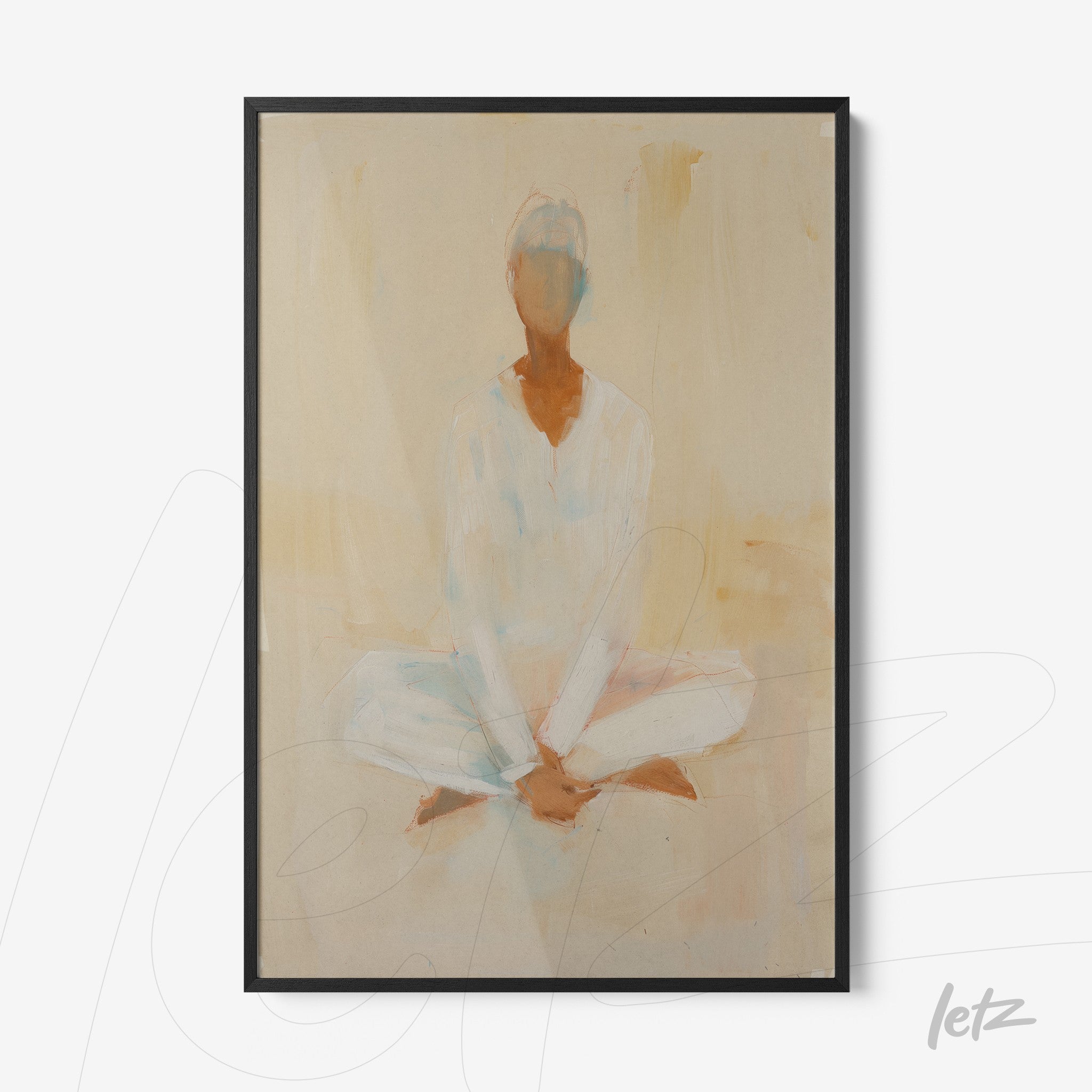 quadro com pintura abstrata de figura sentada em posição de meditação, moldura preta