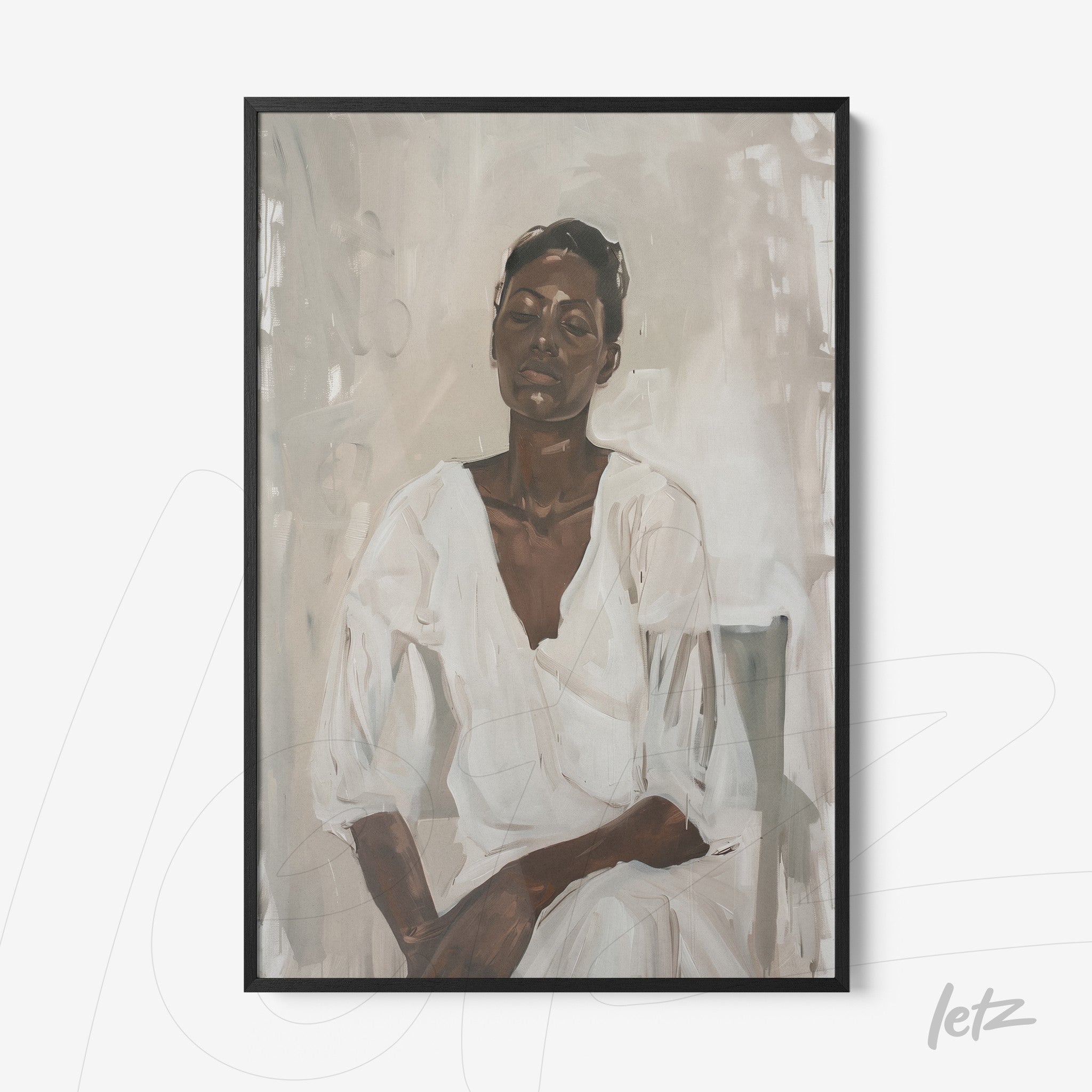 quadro com retrato em tons neutros de mulher com expressão serena em moldura preta