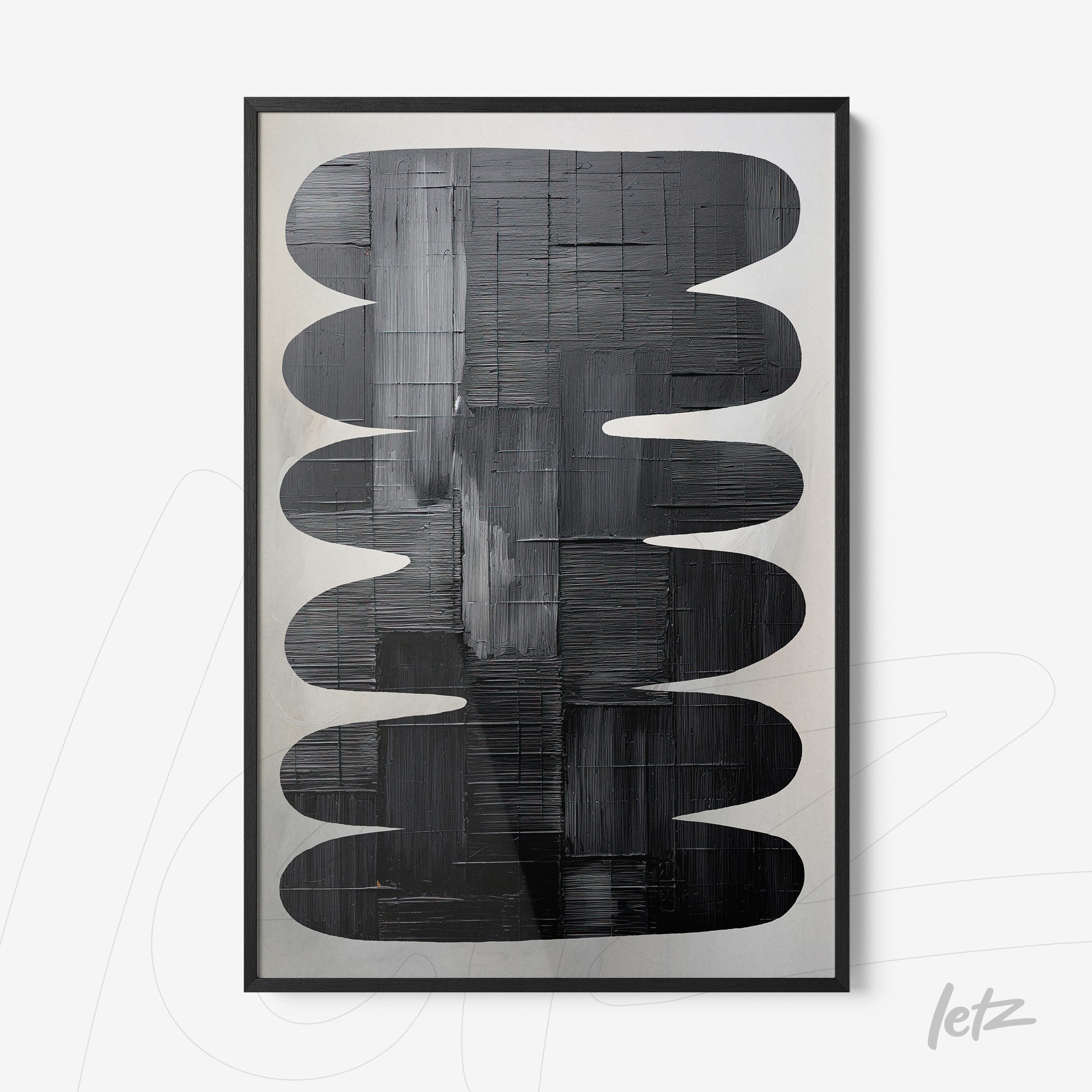 quadro abstrato em tons de preto com formas ovais sobre fundo claro e moldura preta