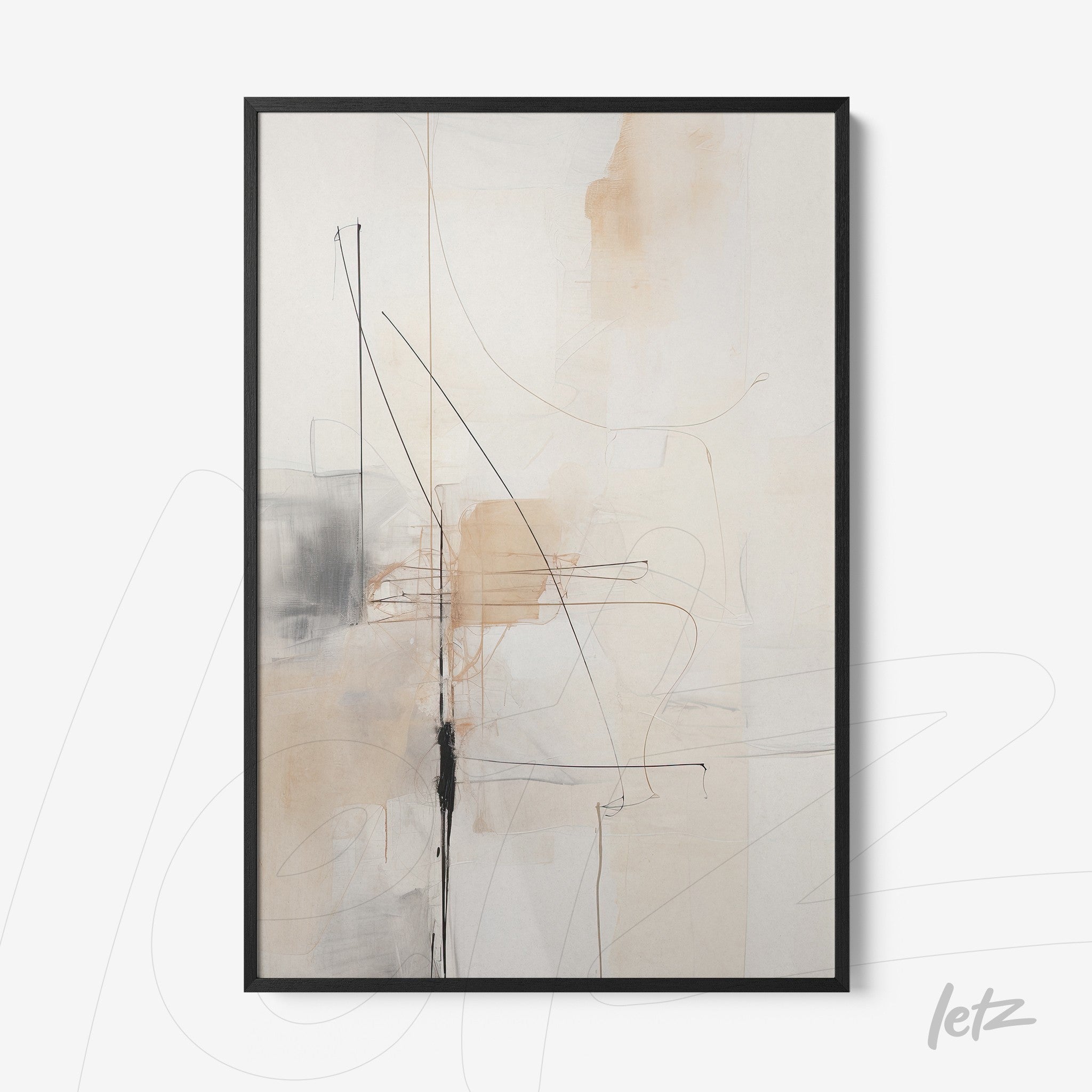 quadro com arte abstrata em tons claros com linhas pretas, moldura preta