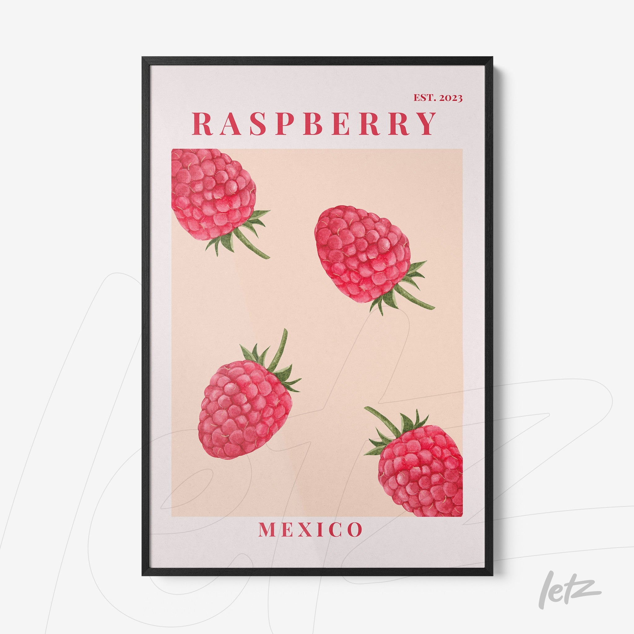quadro decorativo com arte de framboesas vermelhas sobre fundo nude, moldura preta e texto 'MEXICO'