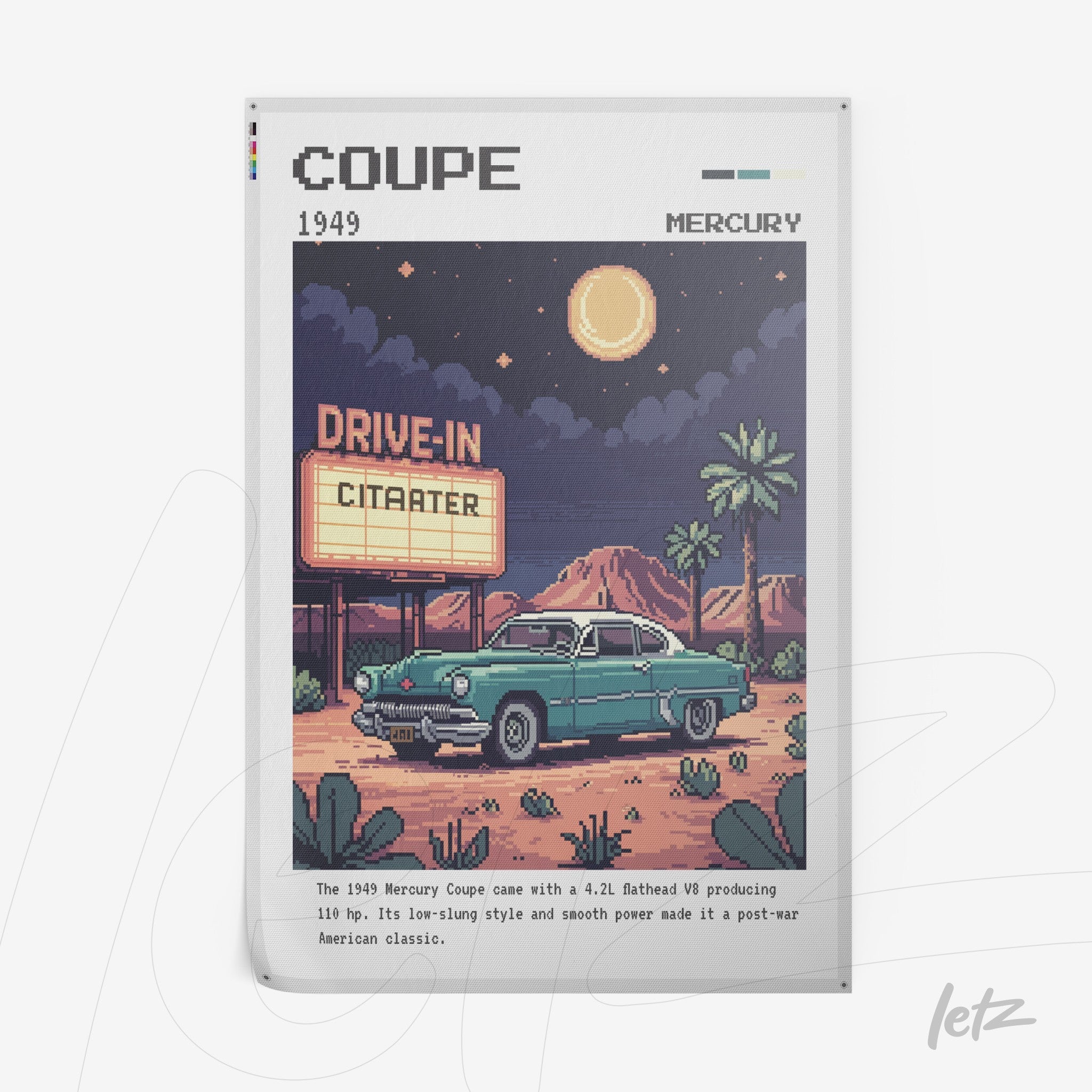 quadro com arte digital do carro Mercury Coupe 1949 em estilo retrô, com fundo de deserto e letreiro de drive-in