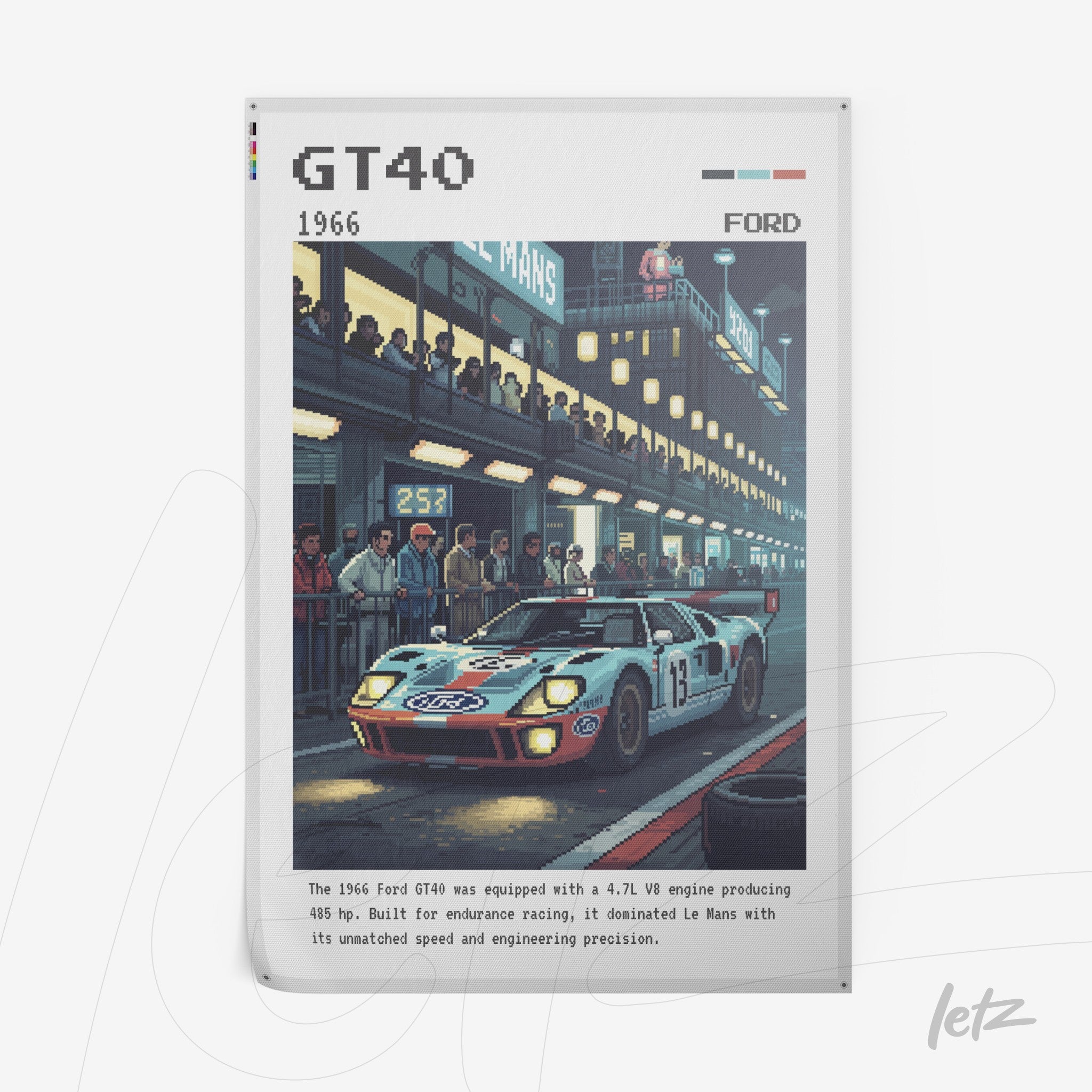 quadro com arte digital do carro Ford GT40 de 1966 em um cenário de corrida noturna, com espectadores ao fundo e detalhes da pista iluminada