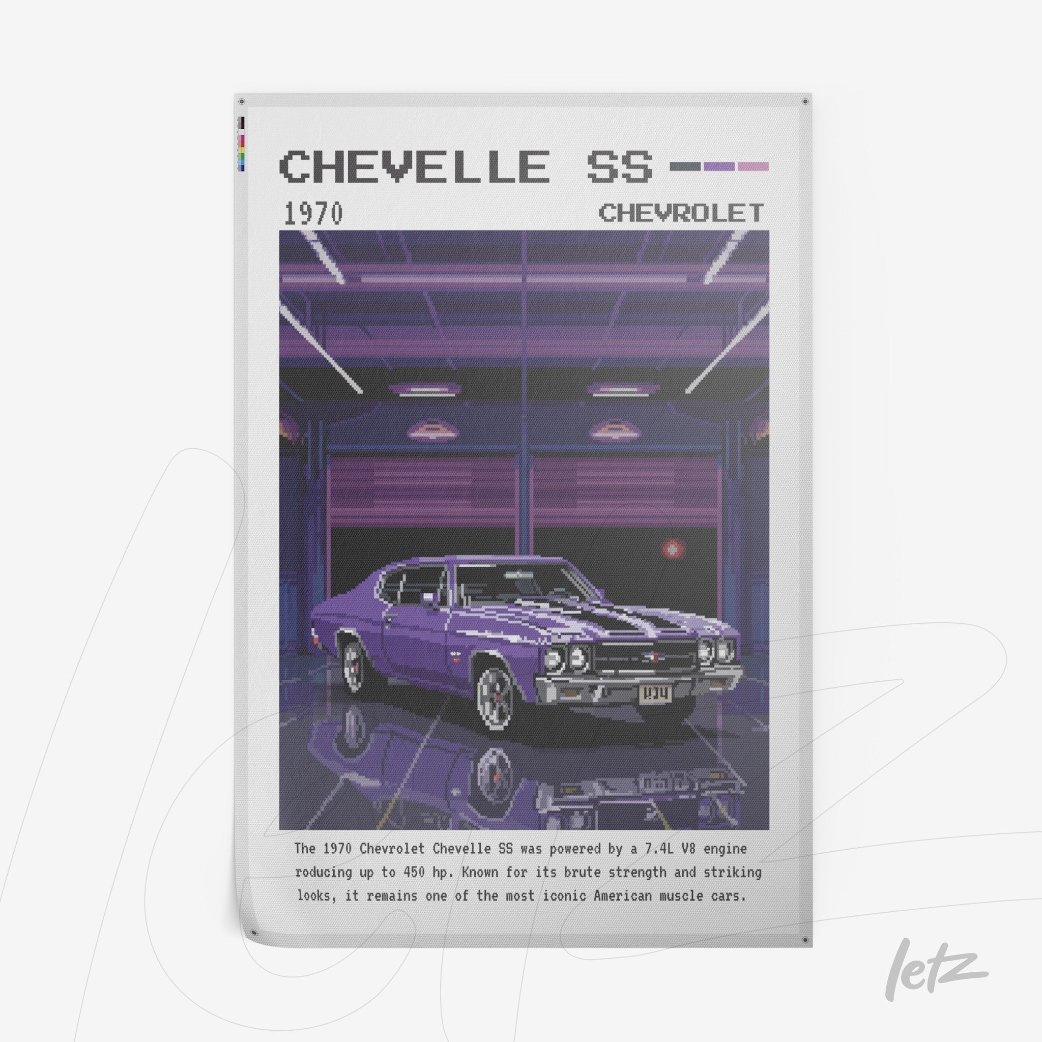 pôster com arte digital do carro Chevelle SS 1970 em estilo pixel art e fundo retro