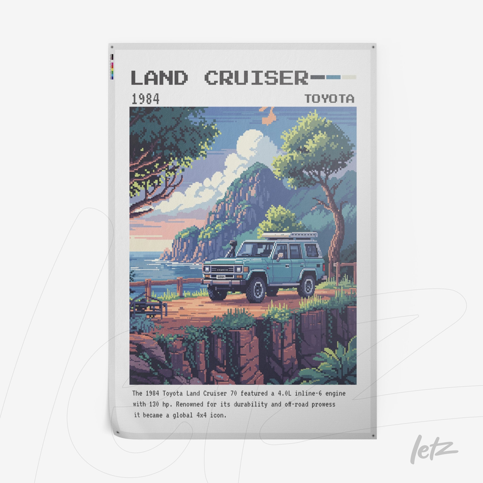 quadro com arte pixelada do Toyota Land Cruiser 1984 em cenários naturais