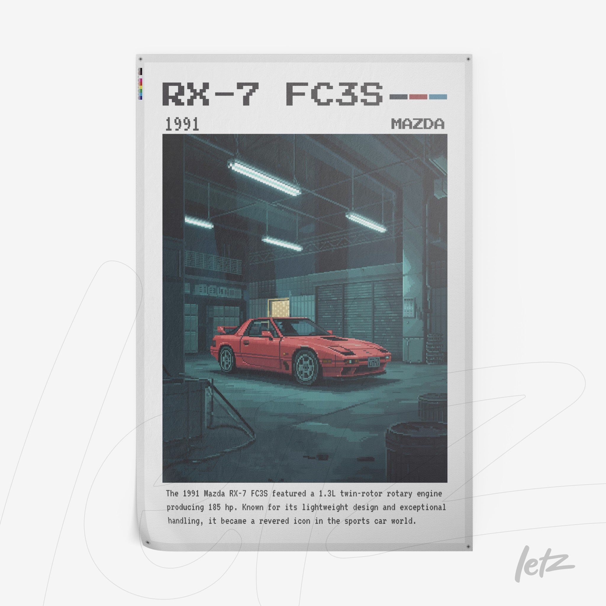 pôster com arte digital do carro Mazda RX-7 FC3S de 1991 em uma garagem com luzes frias