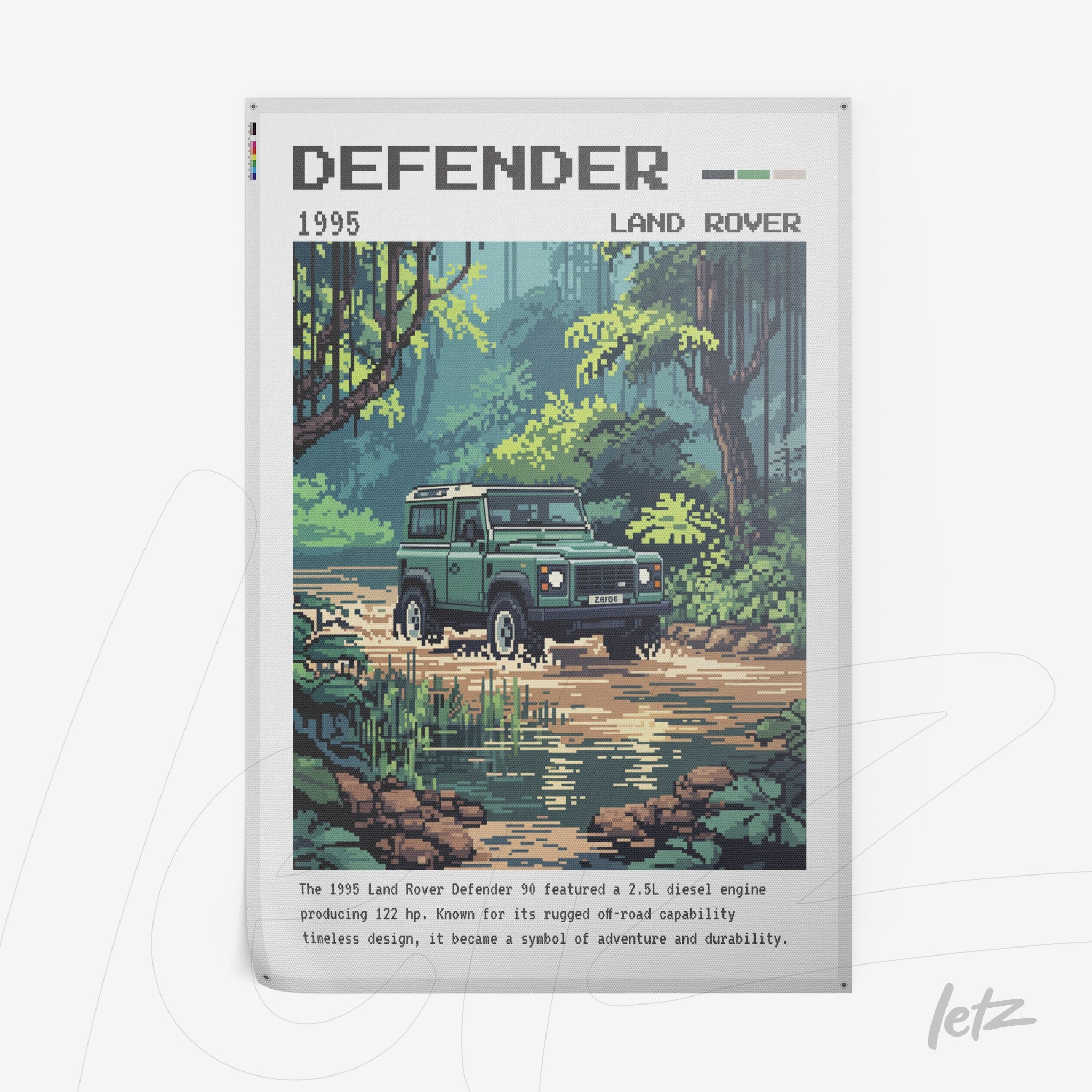 quadro com arte pixelada do carro Land Rover Defender em uma paisagem natural