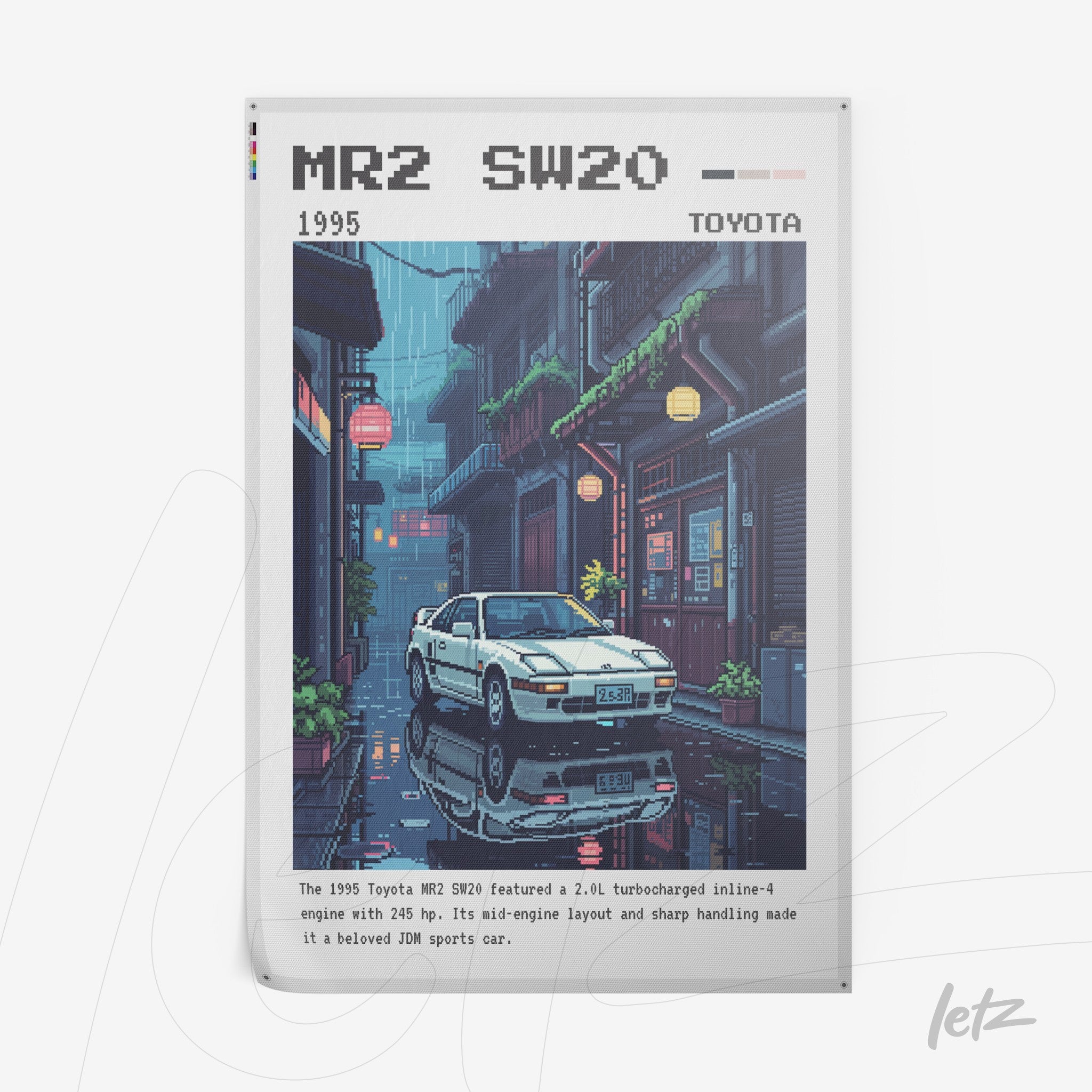 quadro com arte digital retrô de um carro Toyota MR2, ladeado por ruas com lanternas de neon e edifícios tradicionais em uma cena chuvosa