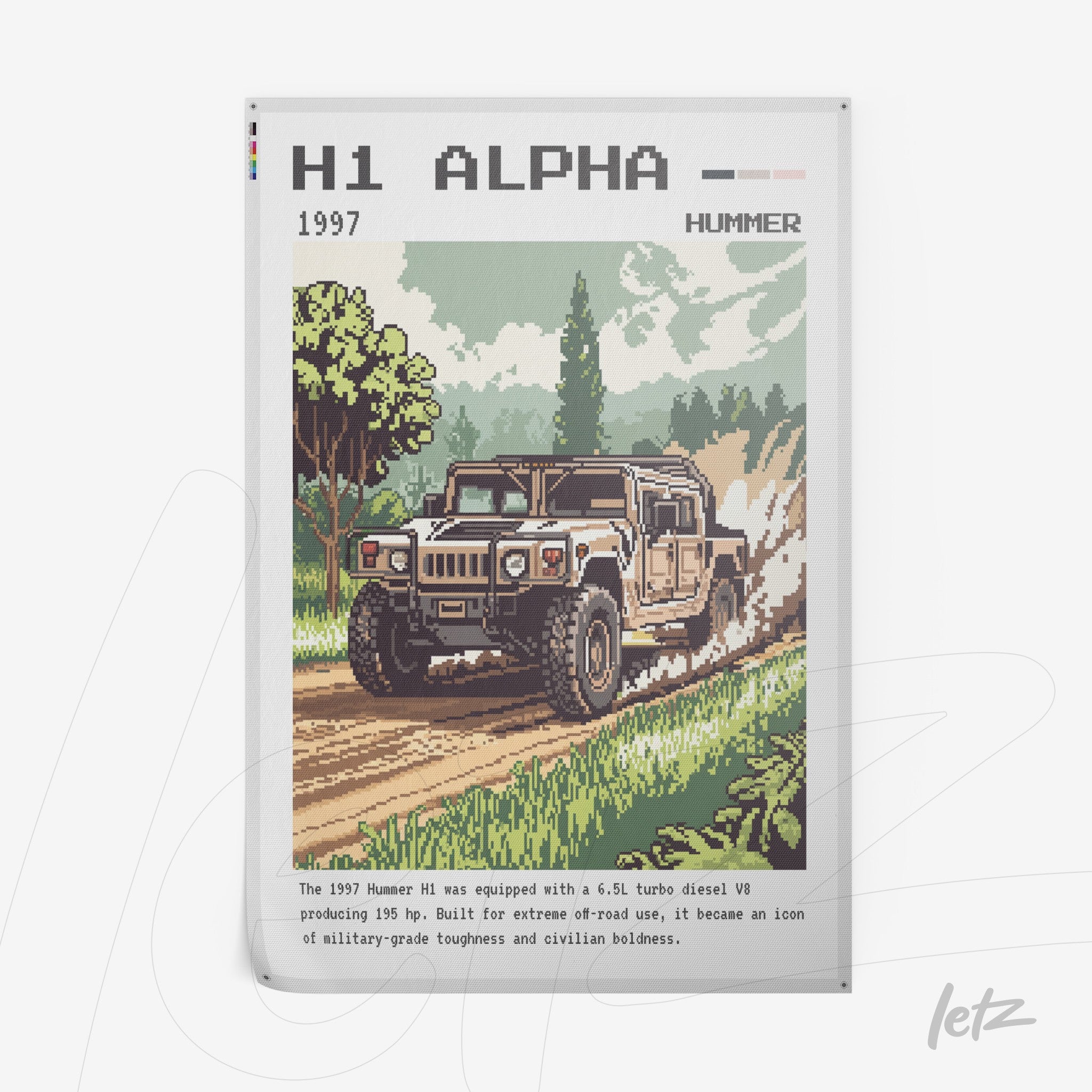 quadro com arte em pixel art de um Hummer H1 1997 em movimento por uma estrada cercada de árvores, com estilo retrô e fundo verde