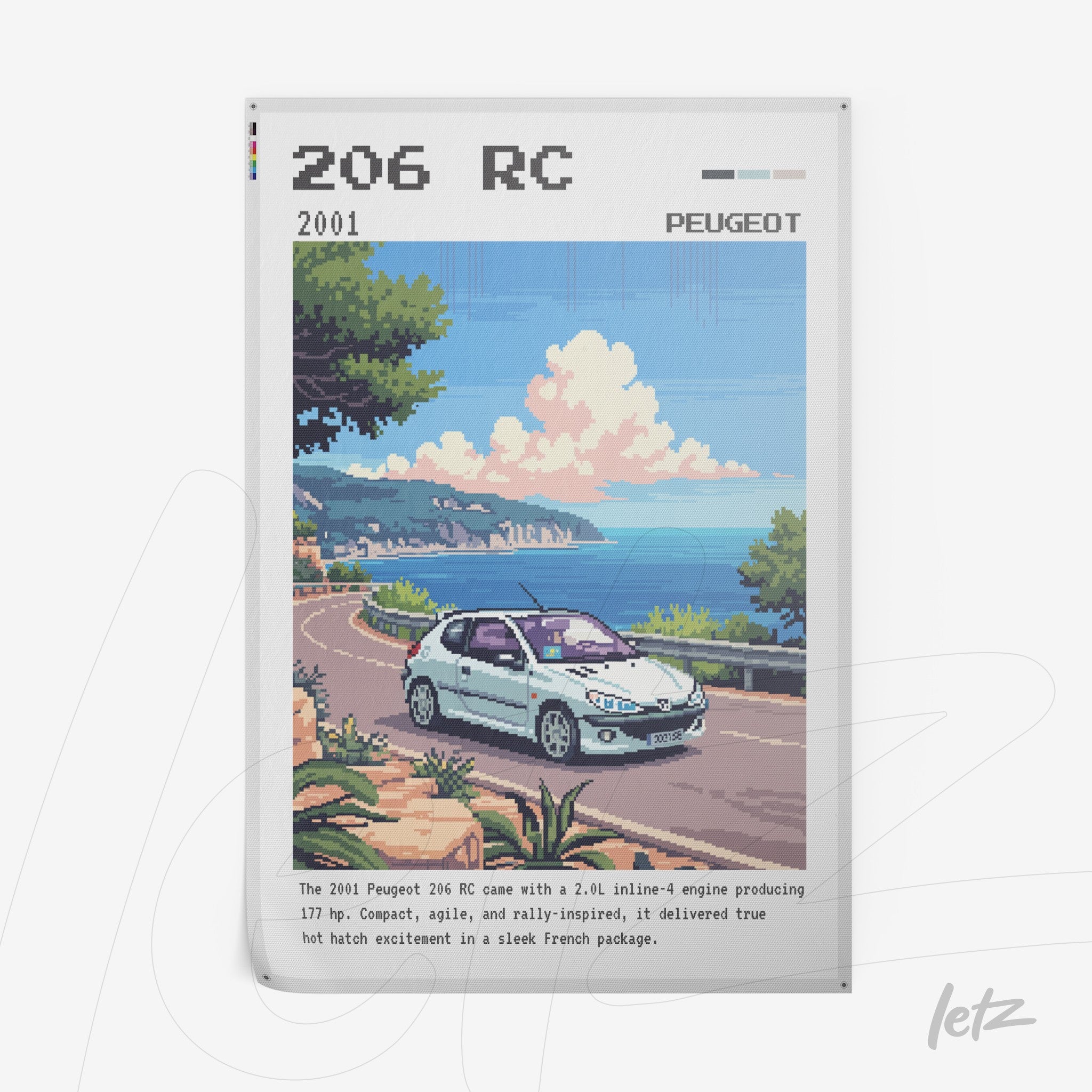 quadro em estilo pixel art do carro Peugeot 206 RC em uma estrada costeira, com fundo azul e nuvens brancas