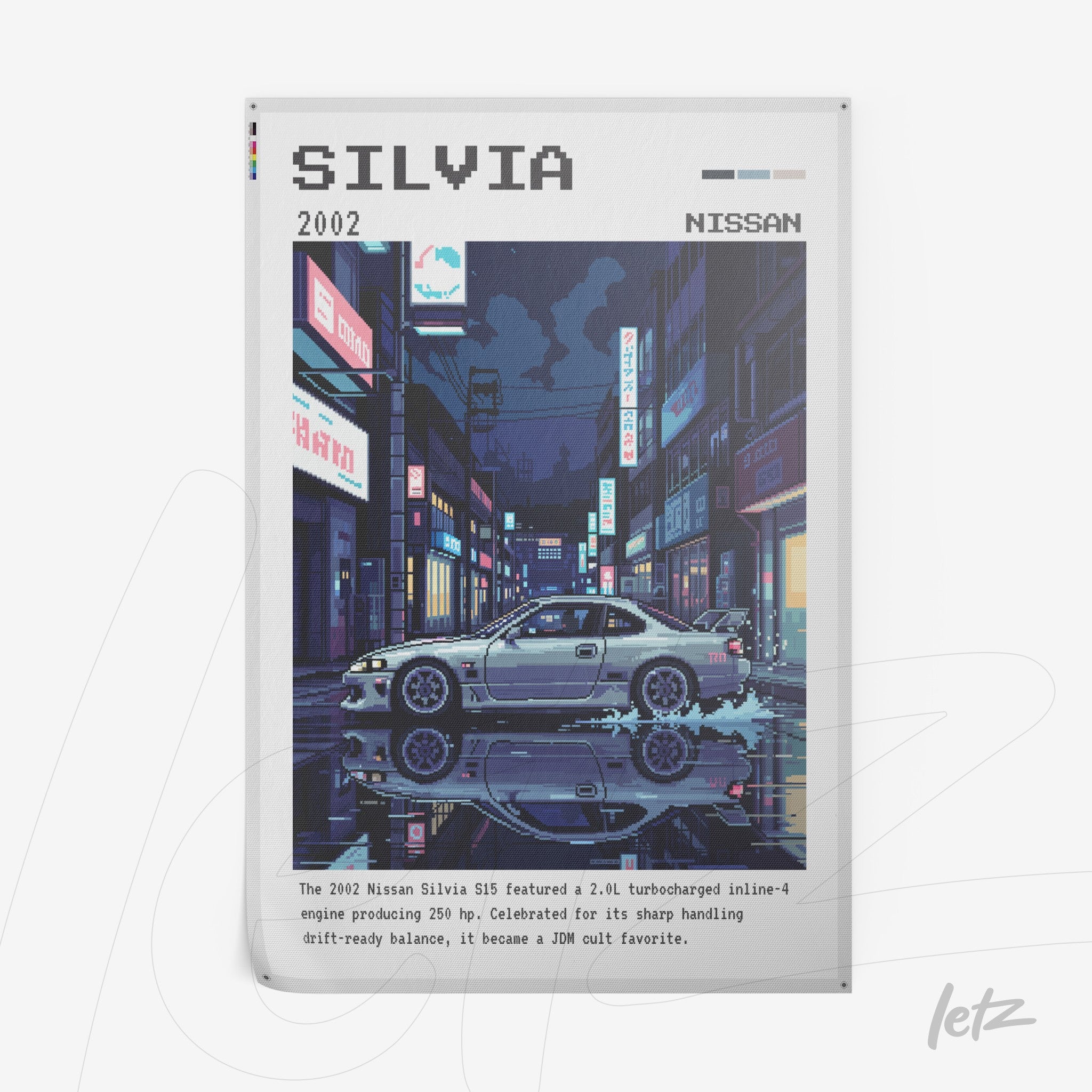 ilustração em estilo pixel art do carro Nissan Silvia 2002, destacado em um ambiente urbano noturno com edifícios iluminados