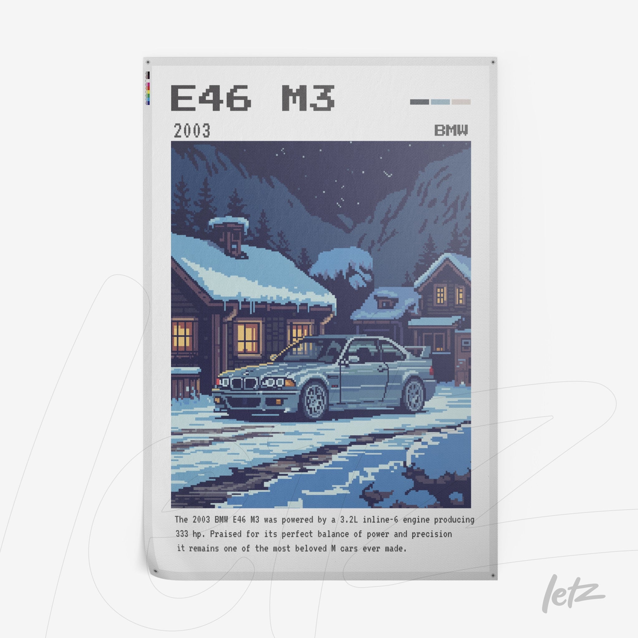 quadro com arte pixelada de um carro BMW E46 M3 em uma paisagem nevada com casas rústicas ao fundo