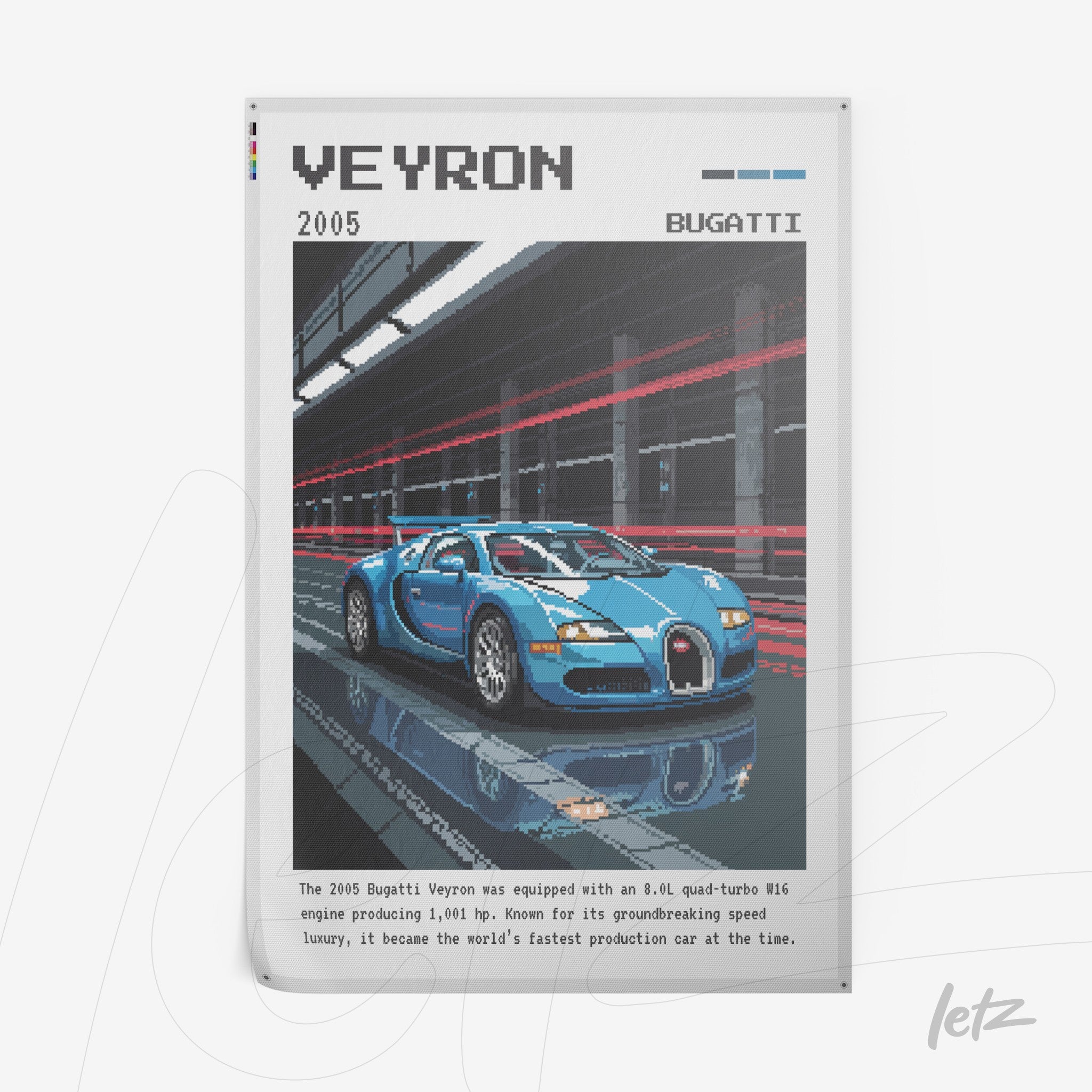 quadro em tela canvas com ilustração em pixel art do carro Bugatti Veyron 2005 em fundo urbano ilustrado