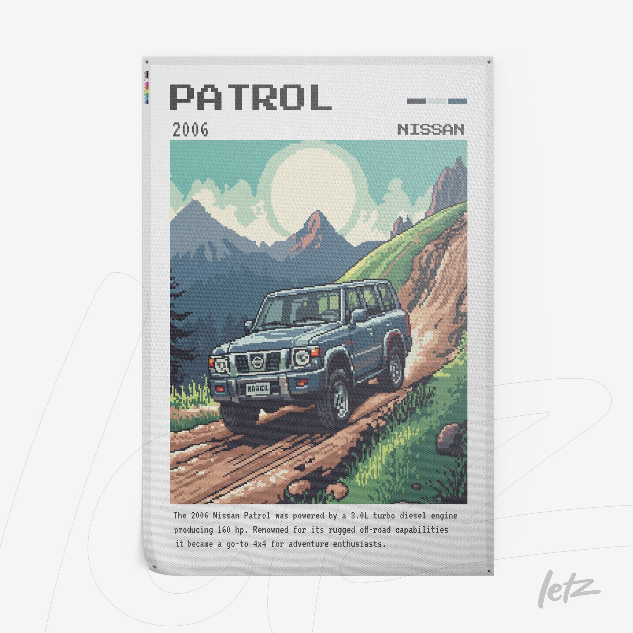 quadro com arte pixelada do Nissan Patrol 2006 em estrada de terra com montanhas ao fundo