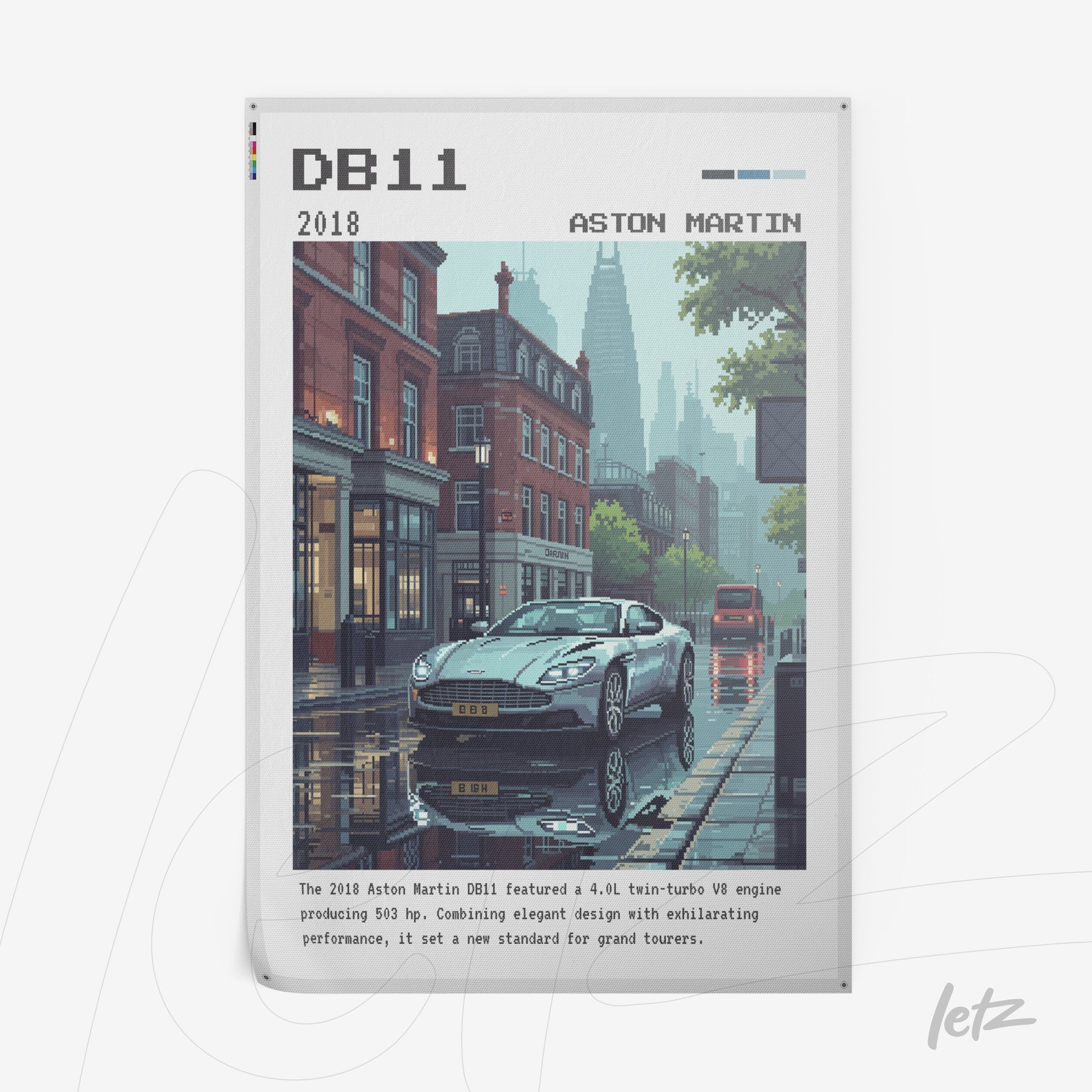 quadro com arte digital do carro Aston Martin DB11 em um ambiente urbano chuvoso, destacando detalhes arquitetônicos e o reflexo na água