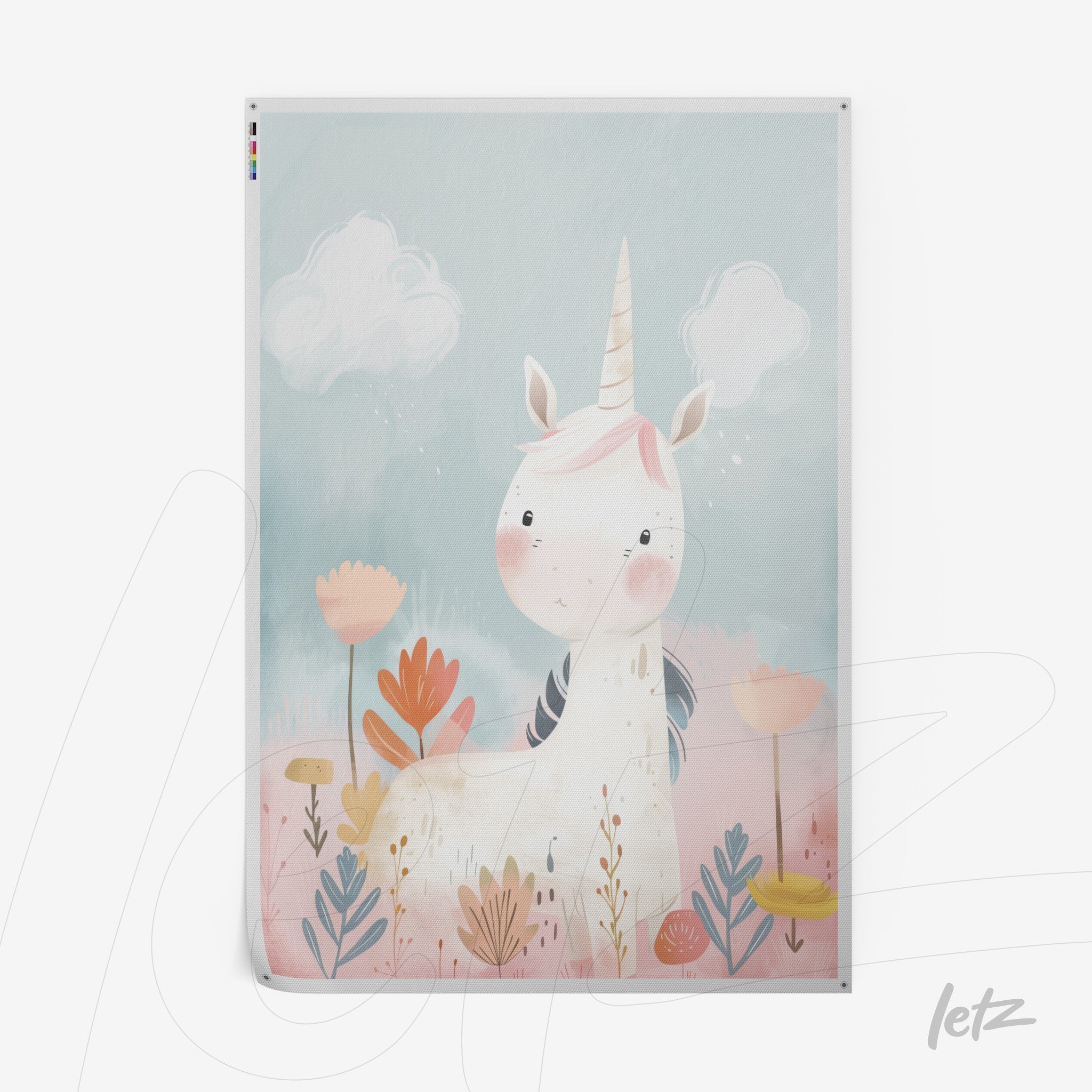 quadro decorativo com ilustração fofa de um unicórnio em um cenário pastel com flores