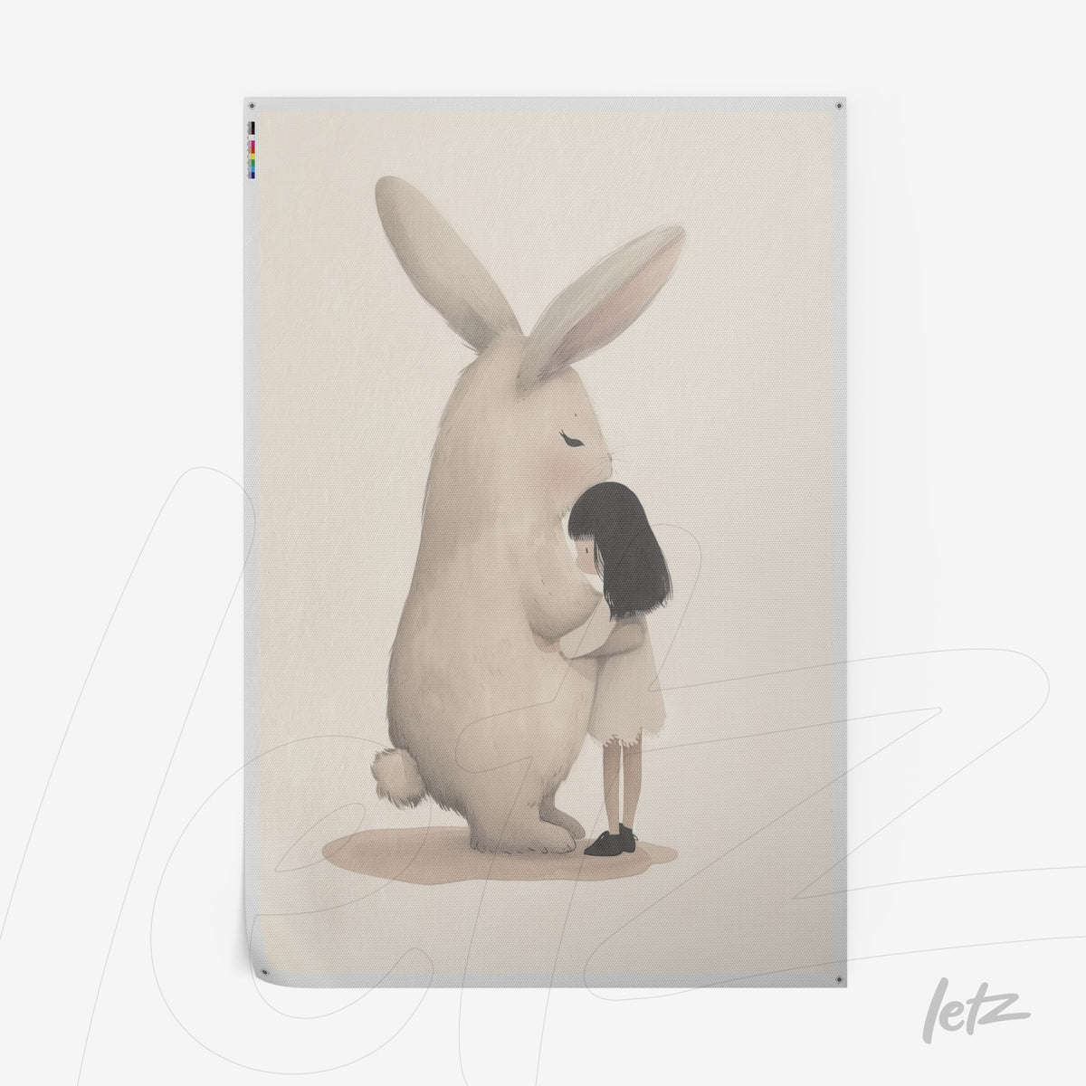 ilustração suave de menina abraçando coelho gigante em fundo neutro