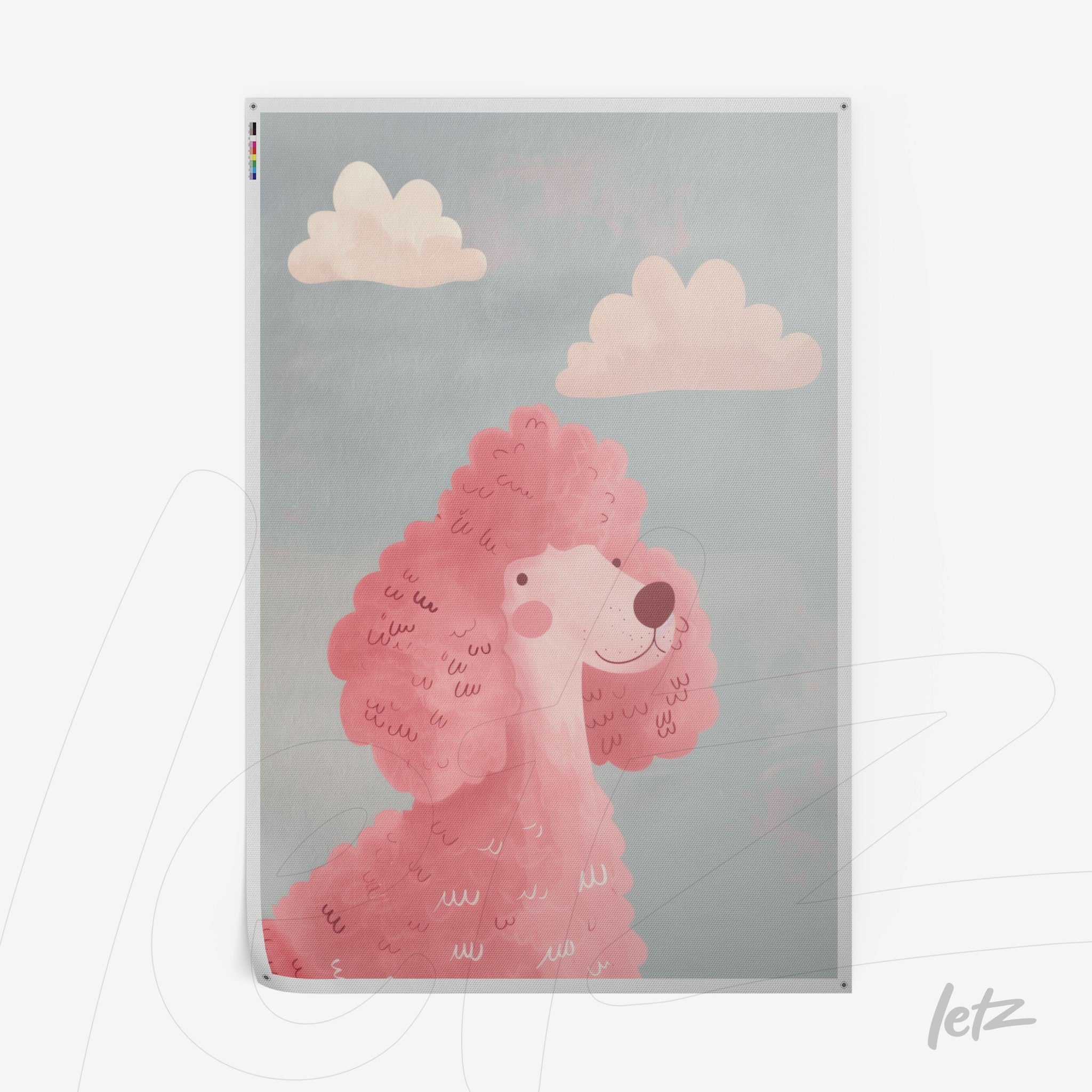 quadro com ilustração de um poodle rosa em fundo azul claro com nuvens suaves