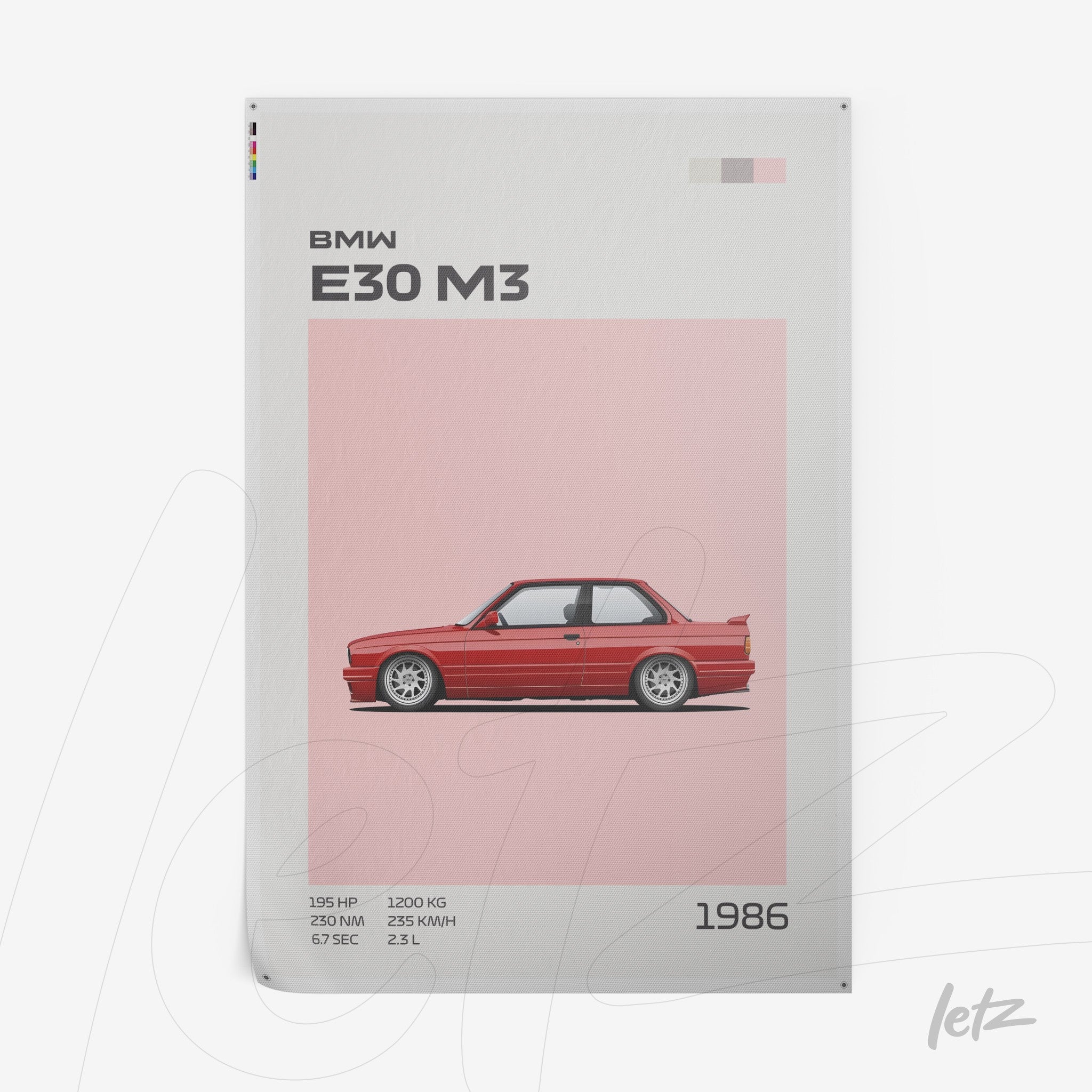 quadro com ilustração do carro BMW E30 M3 em fundo rosa com detalhes em texto