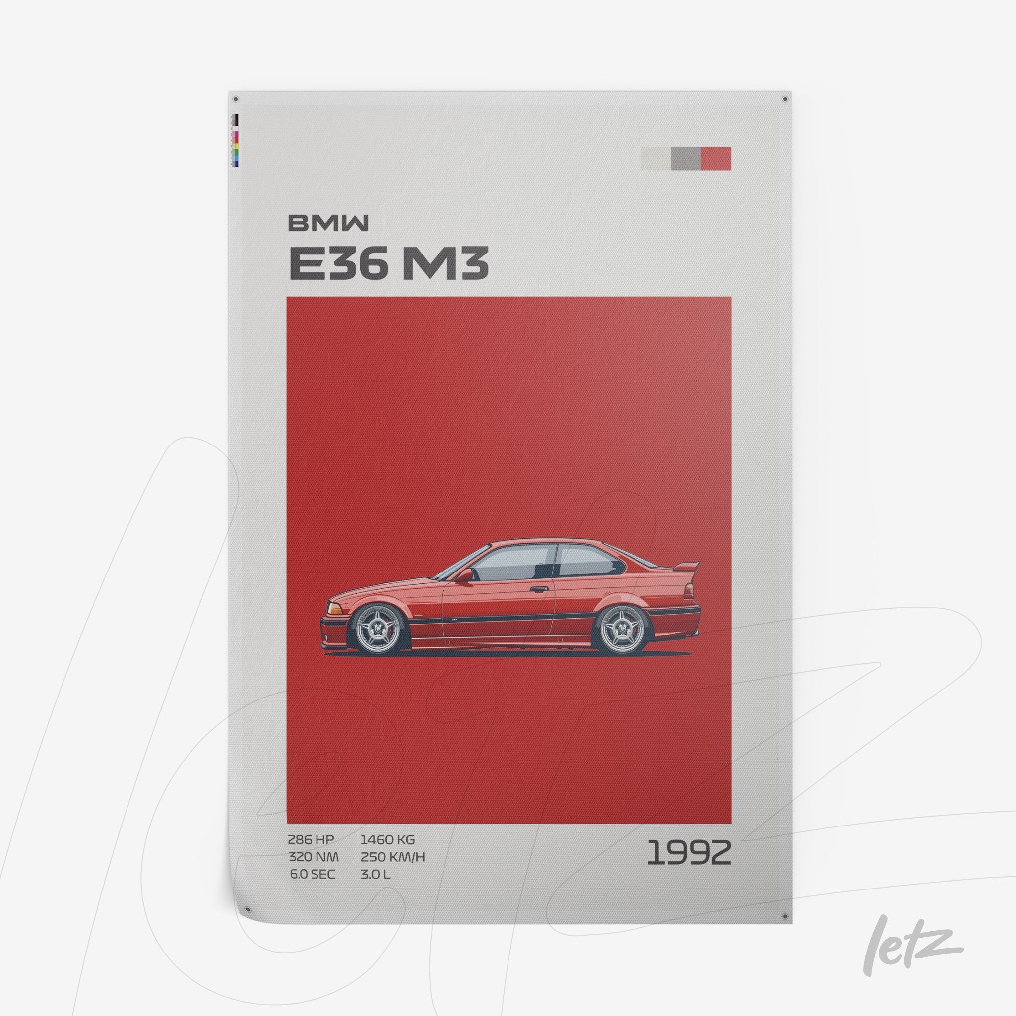 quadro com ilustração do BMW E36 M3 em fundo vermelho, destacando detalhes do carro em um estilo gráfico moderno
