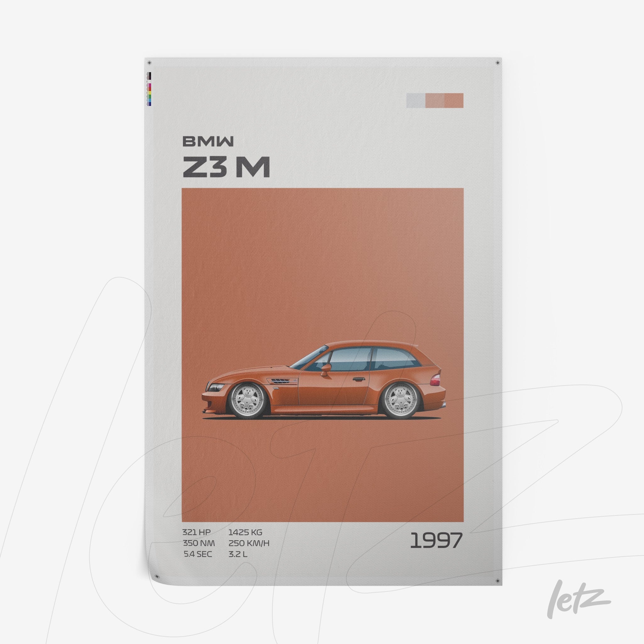 quadro com ilustração do carro BMW Z3M em fundo laranja e detalhes em cinza
