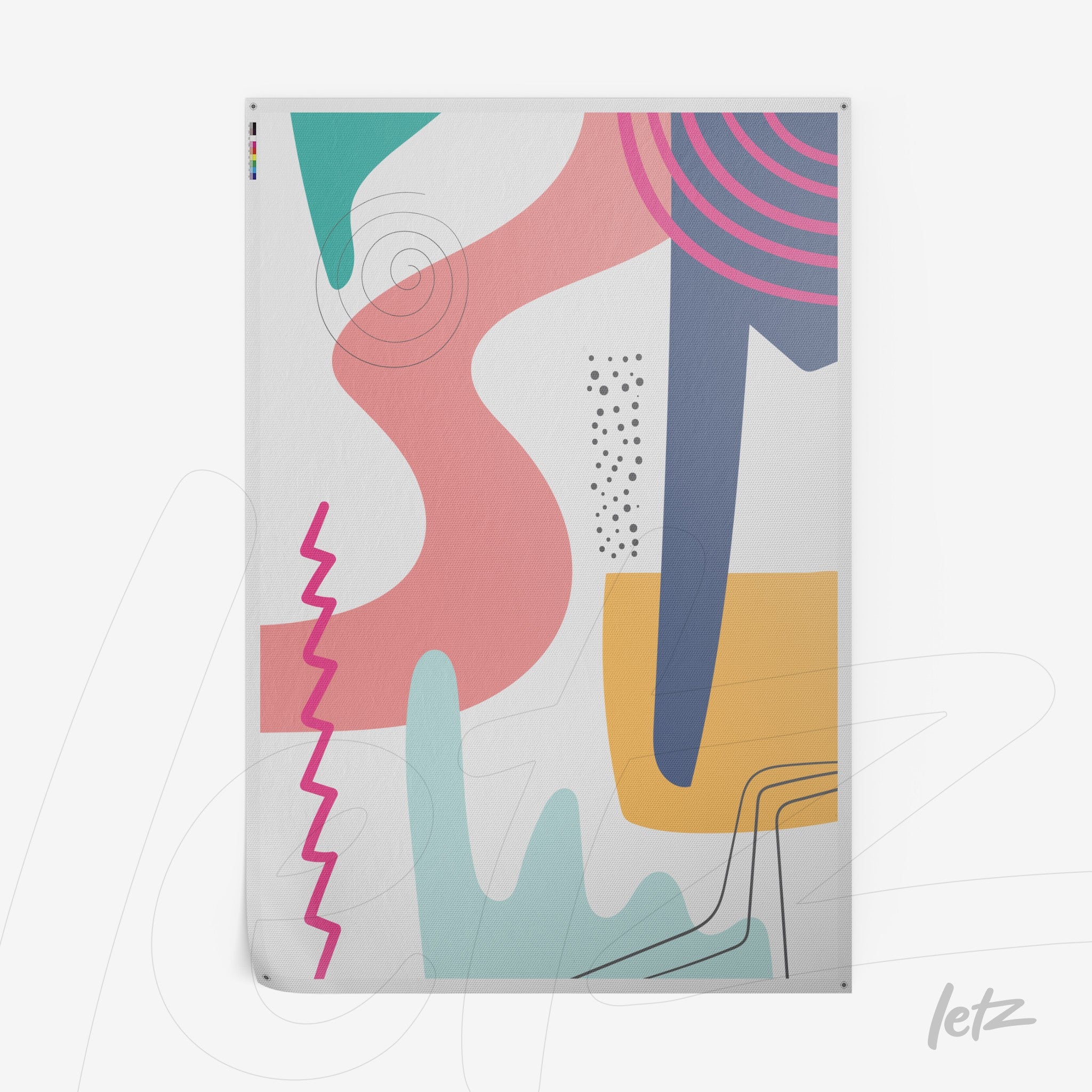 pôster com design abstrato geométrico em tons pastel sobre fundo branco