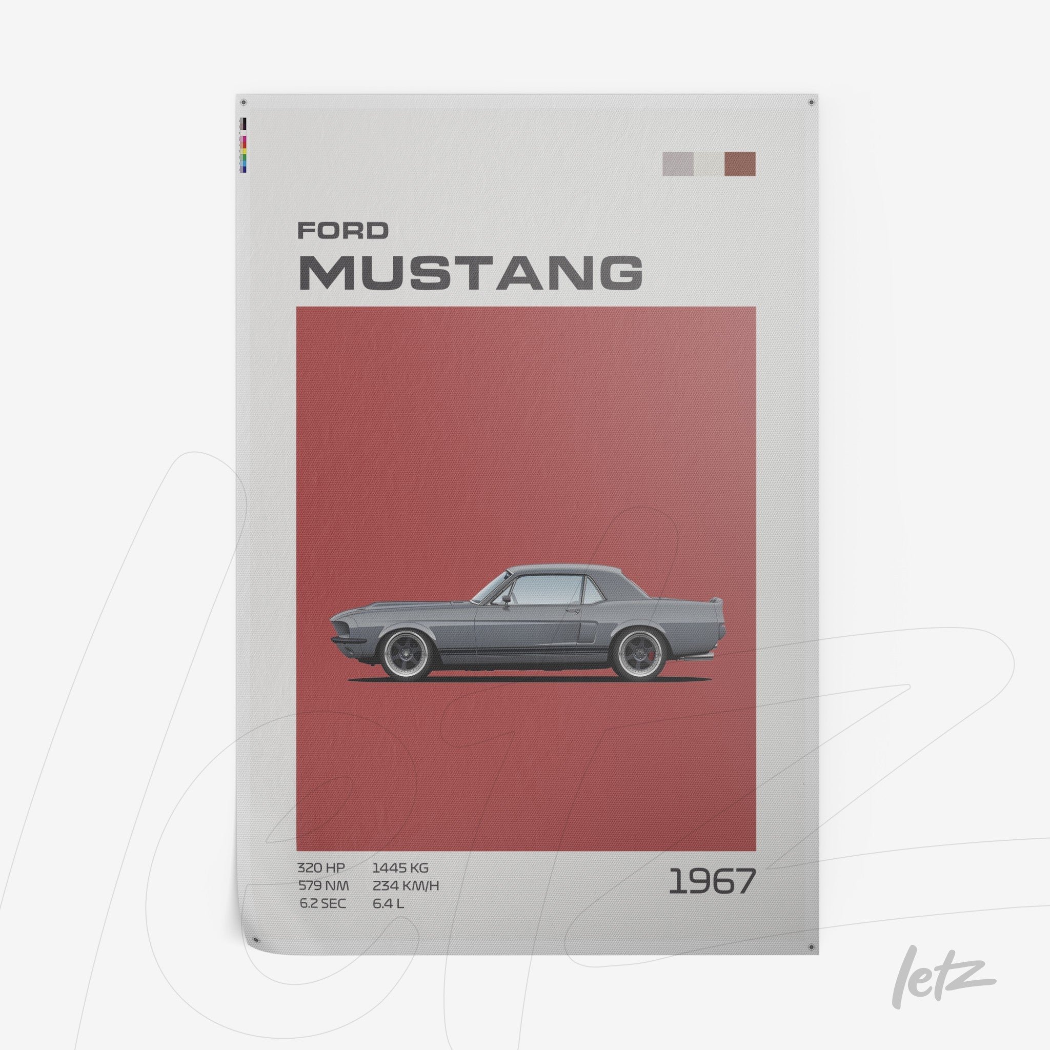 quadro com ilustração minimalista do carro Ford Mustang 1967 em fundo vermelho