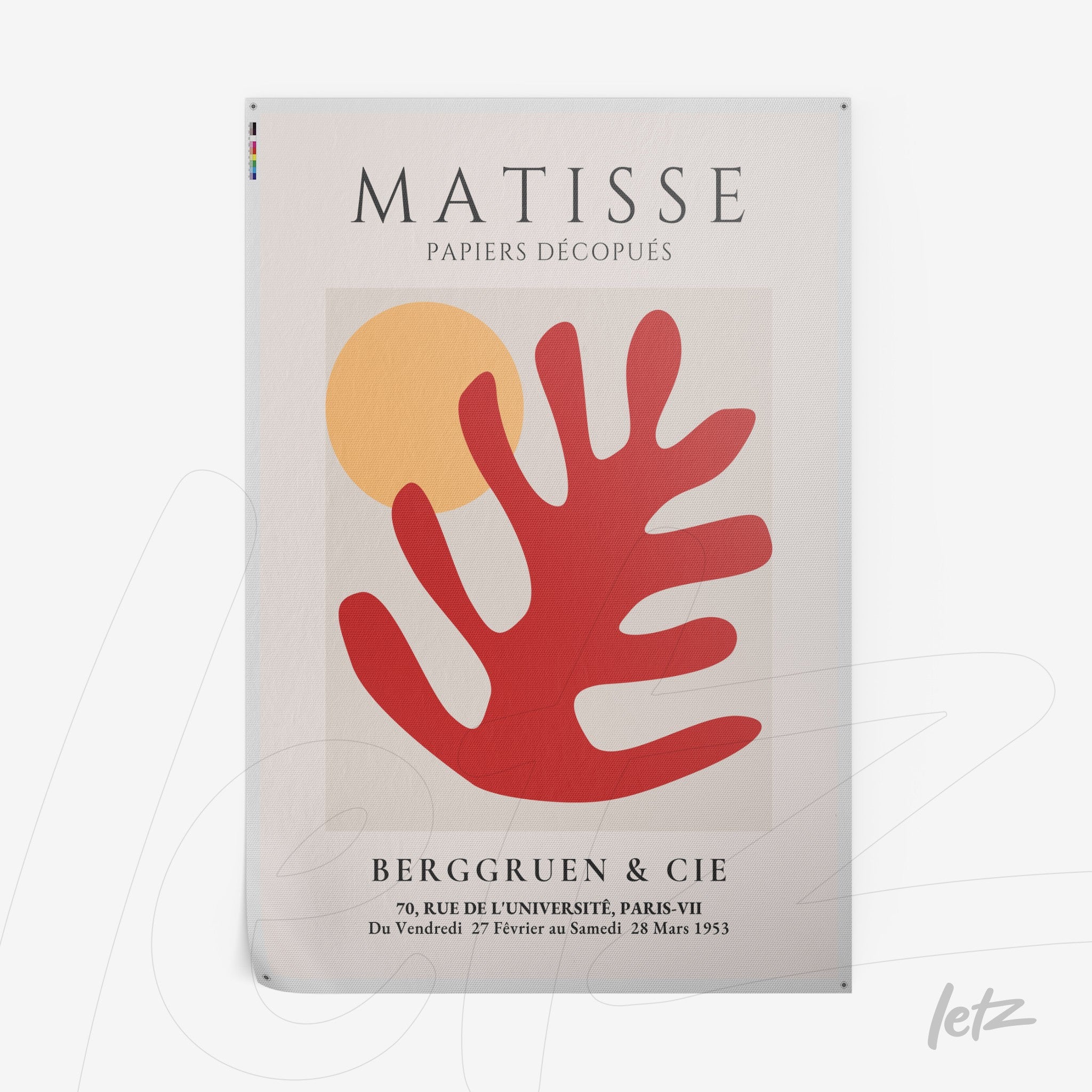 quadro com arte moderna inspirada em Matisse, representando uma folha vermelha estilizada e um sol amarelo em fundo claro