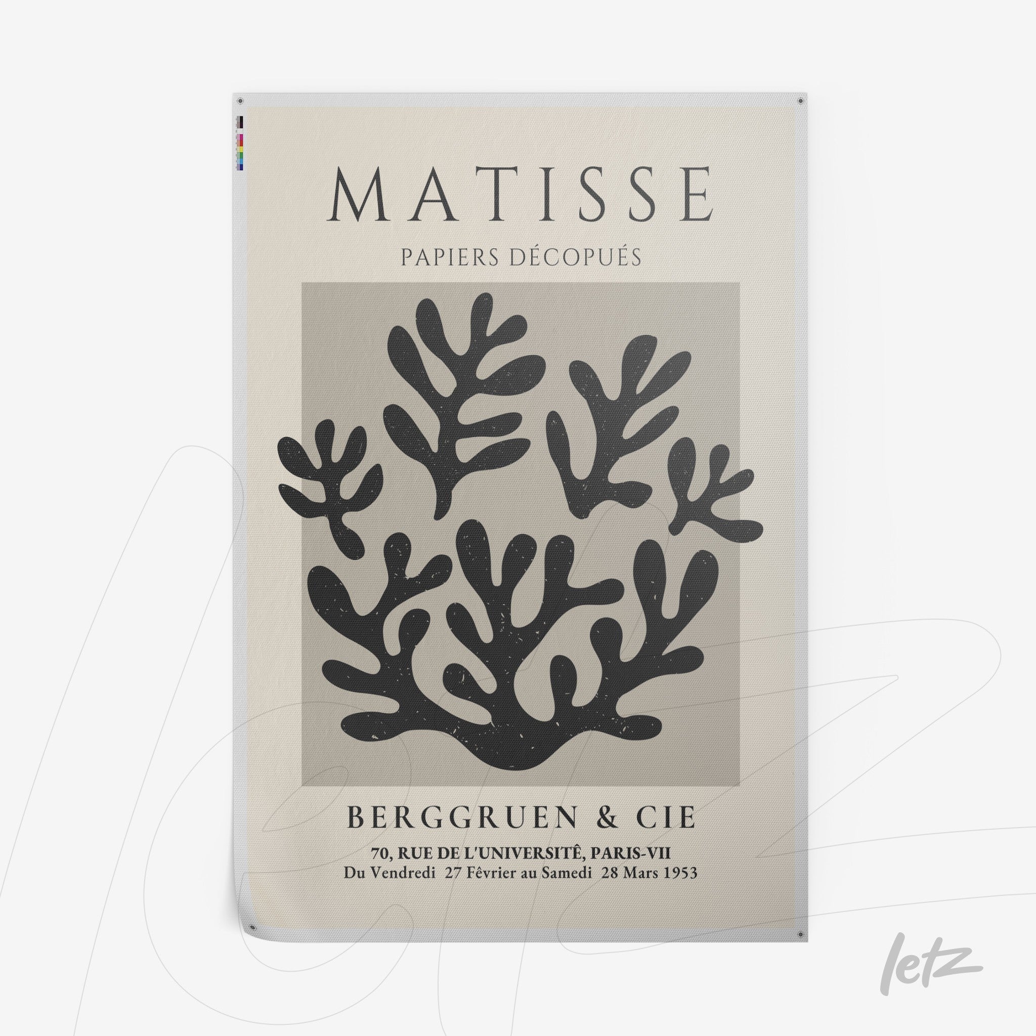 pôster com arte moderna de corais em preto e branco, com fundo creme e texto estilizado no topo