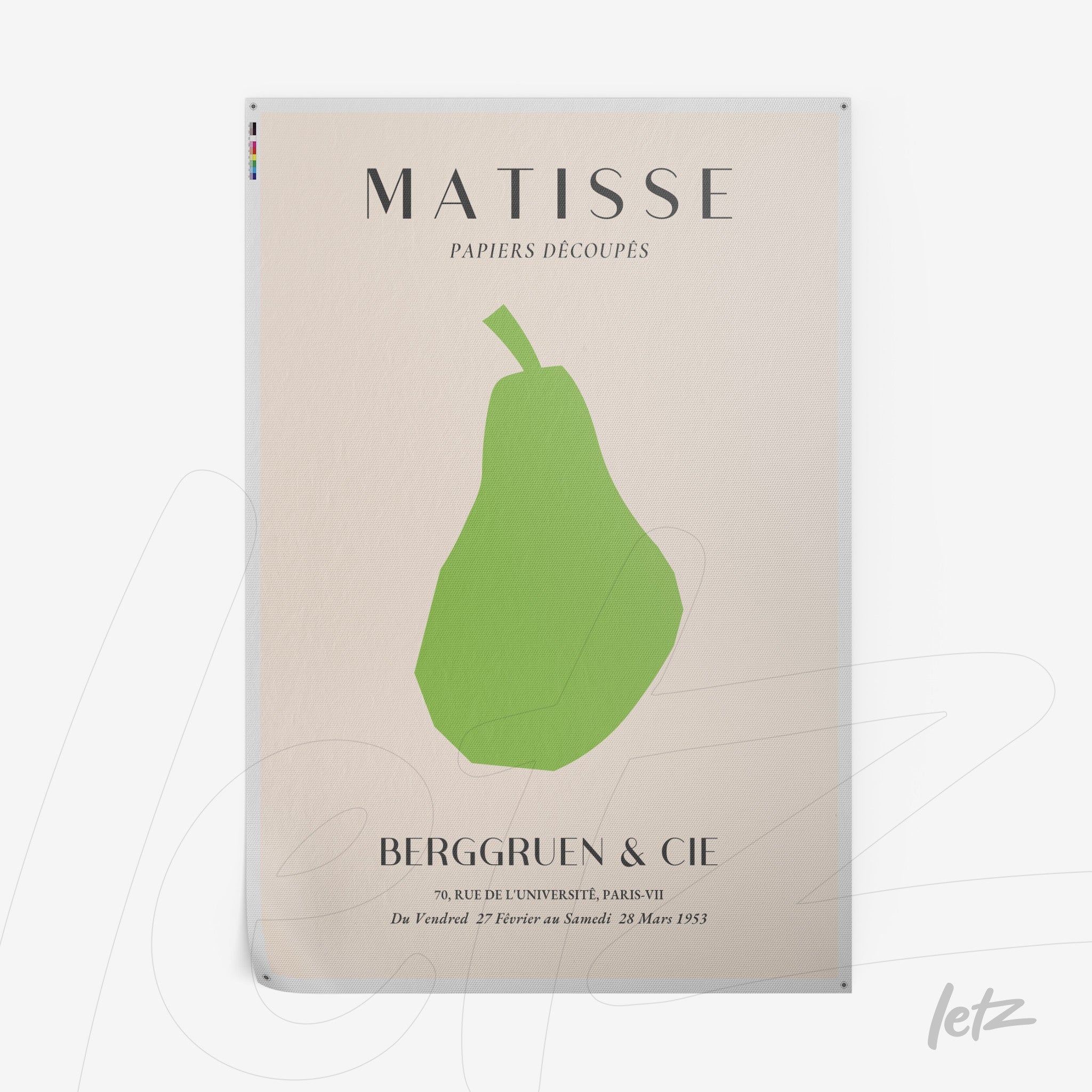 quadro em estilo vintage com ilustração de uma pera verde sobre fundo claro, com texto sobre Matisse na parte superior