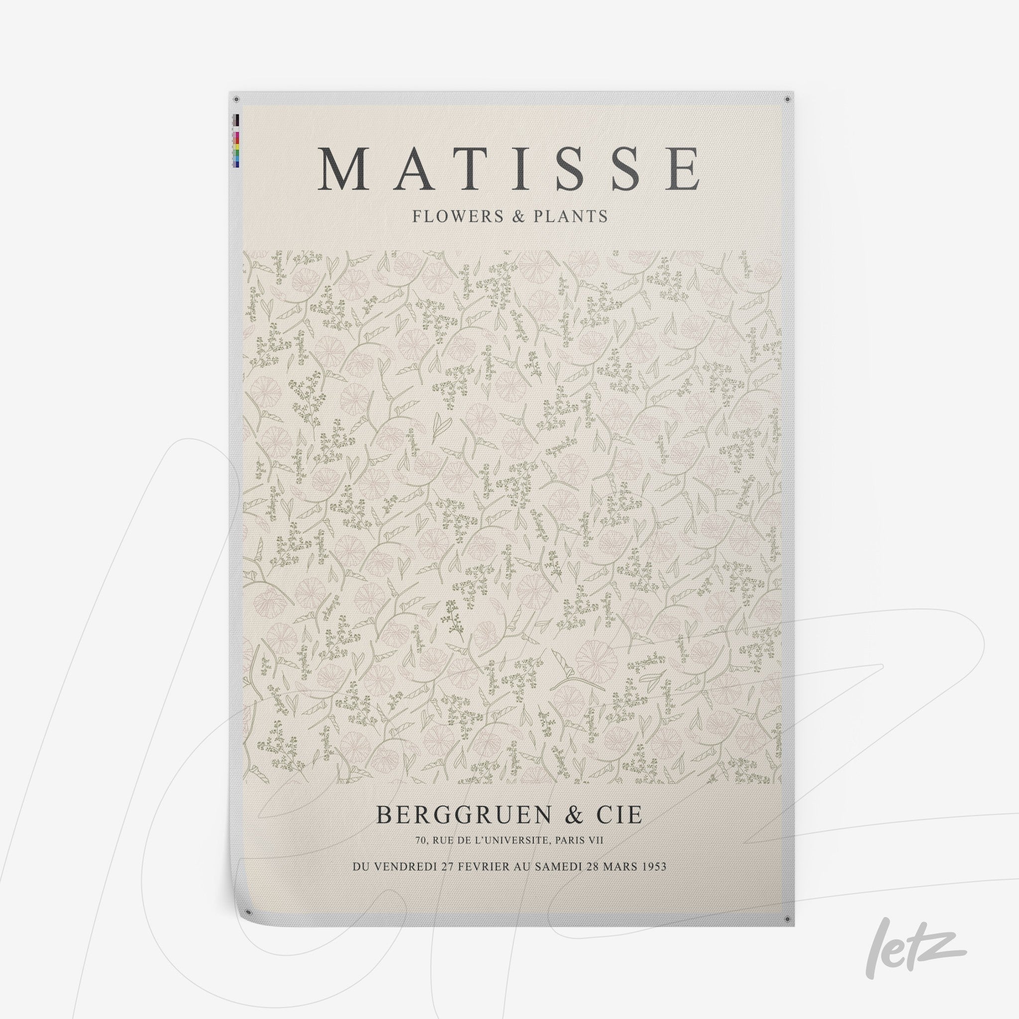 pôster com arte floral de Matisse, fundo claro com padrões delicados de folhas e flores