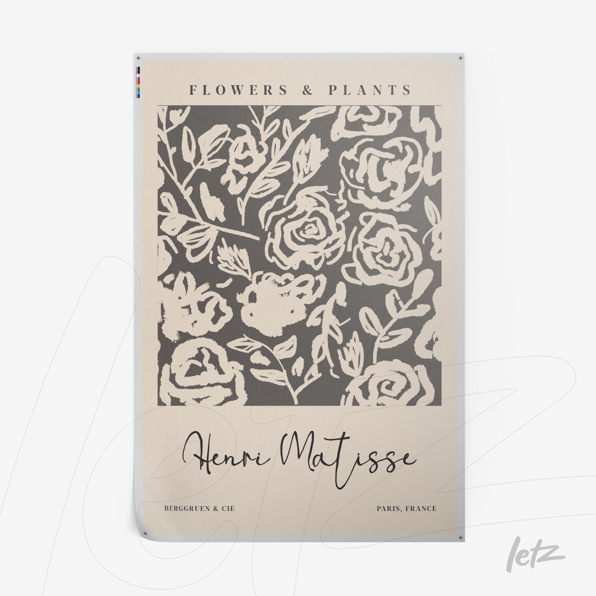quadro com arte floral estilo vintage em fundo bege e detalhes em preto, com assinatura de Henri Matisse