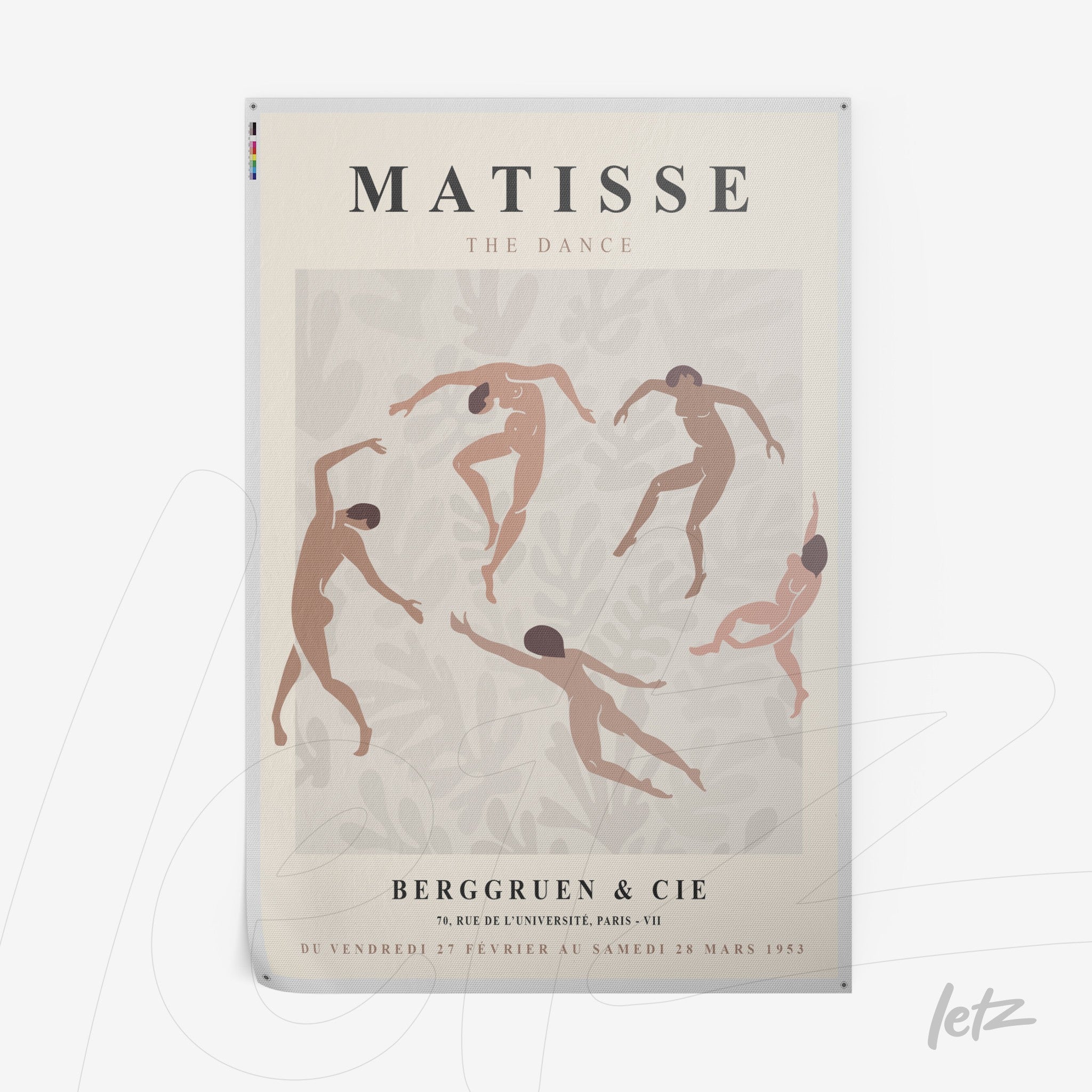 quadro em estilo vintage com ilustrações de dança de figuras humanas sobre fundo claro, moldura branca