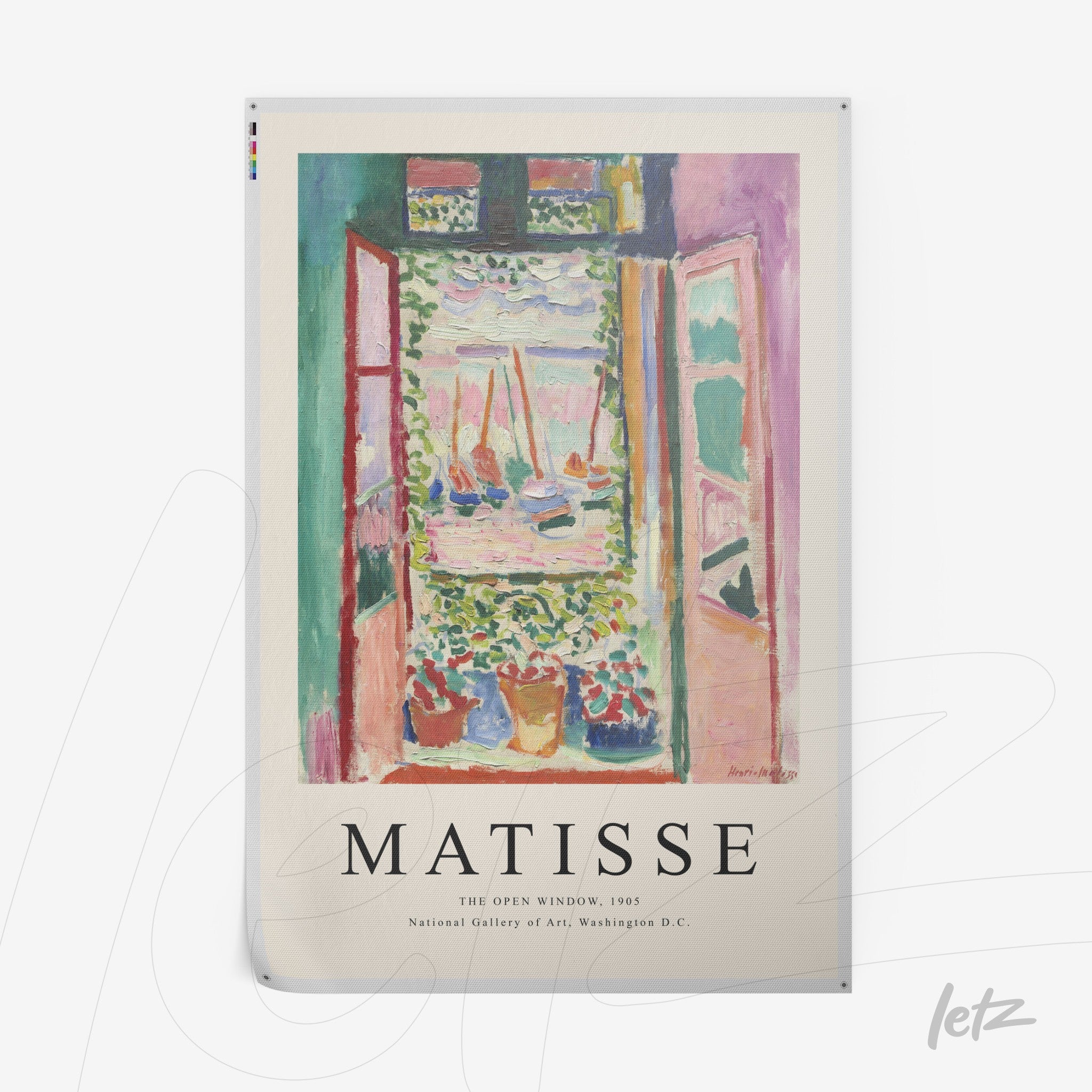 quadro com arte naif de uma janela aberta com vista para um jardim florido, moldura branca