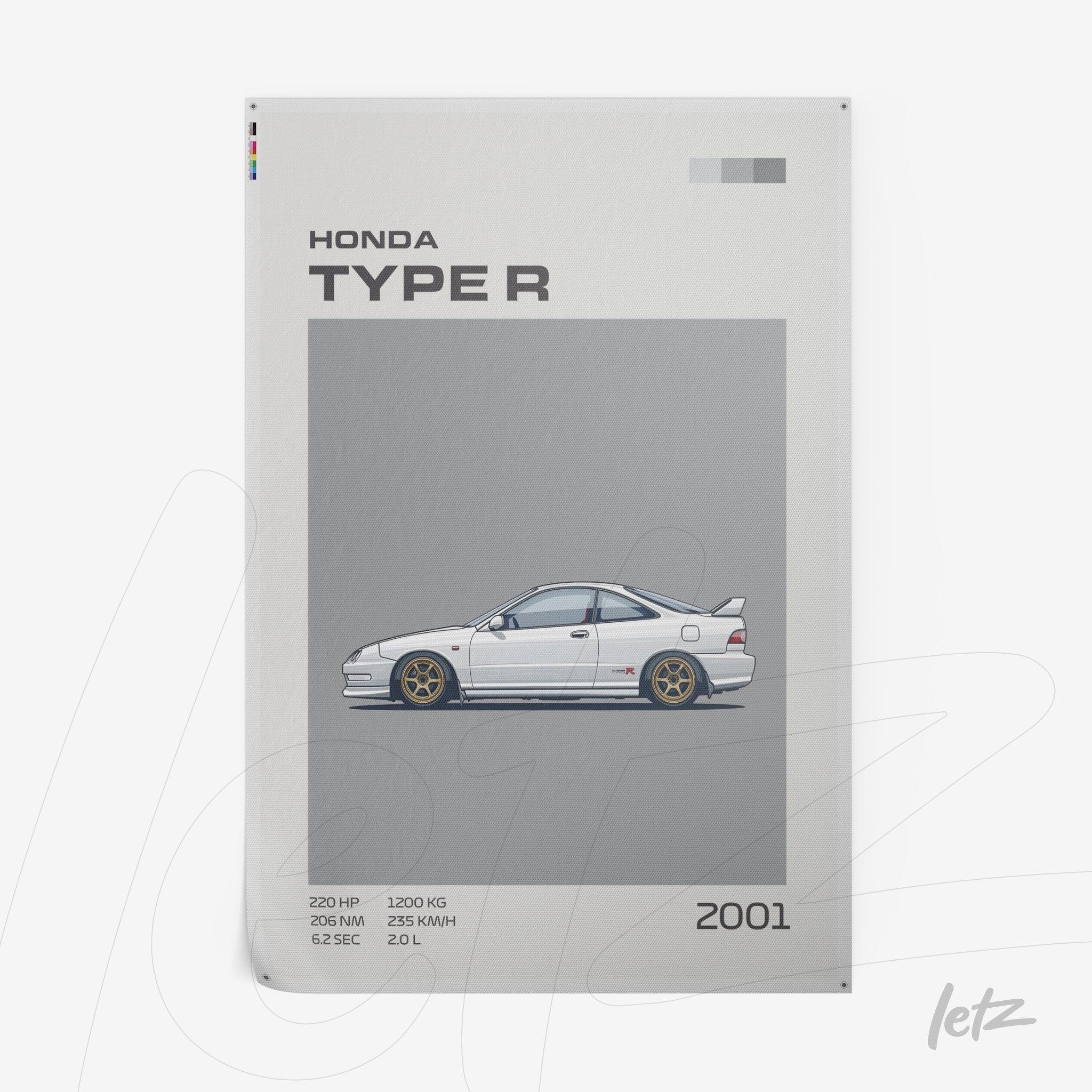 quadro com arte gráfica do Honda Type R de 2001 em fundo cinza claro e detalhes em estilo minimalista
