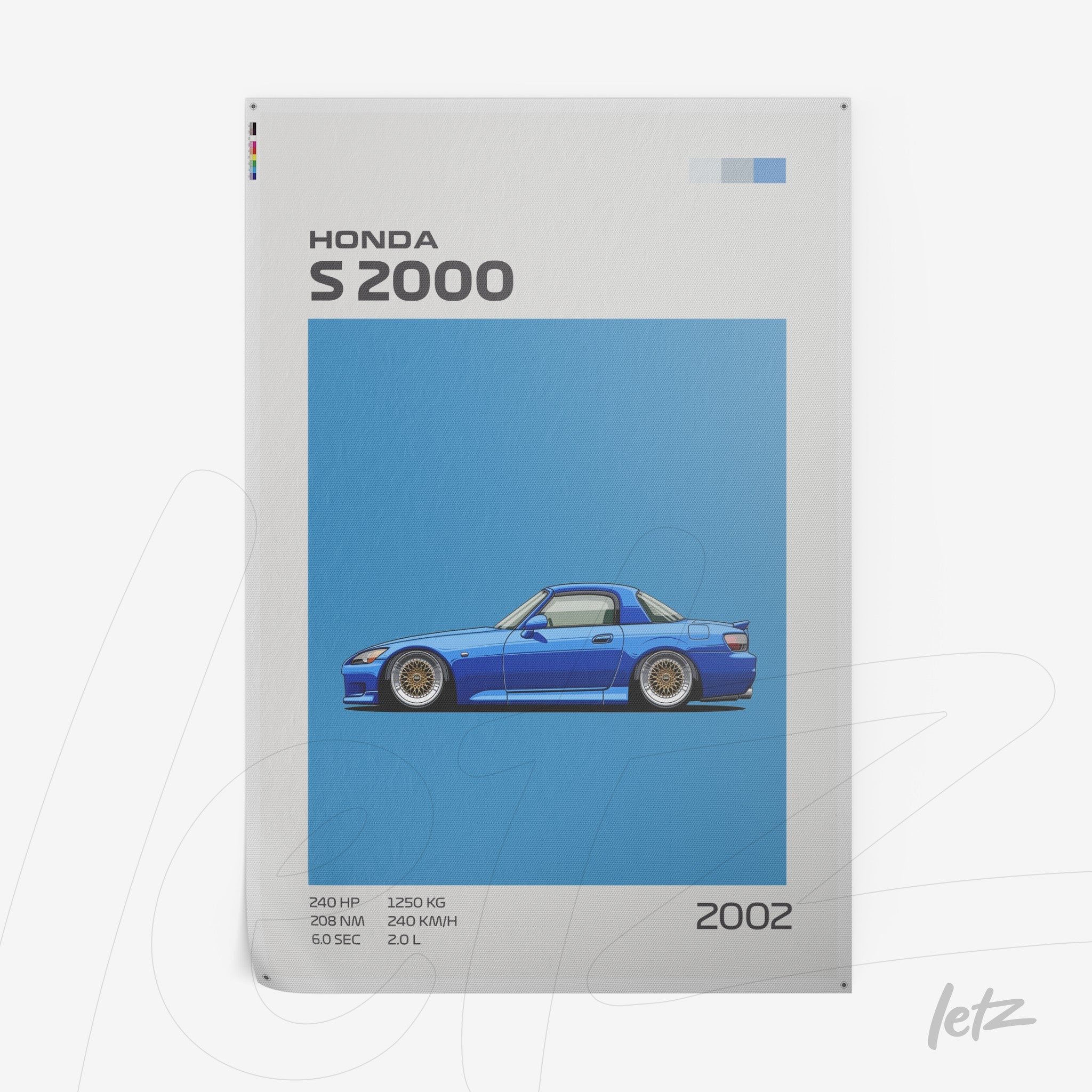 quadro com ilustração do carro esportivo Honda S2000 em fundo azul vibrante