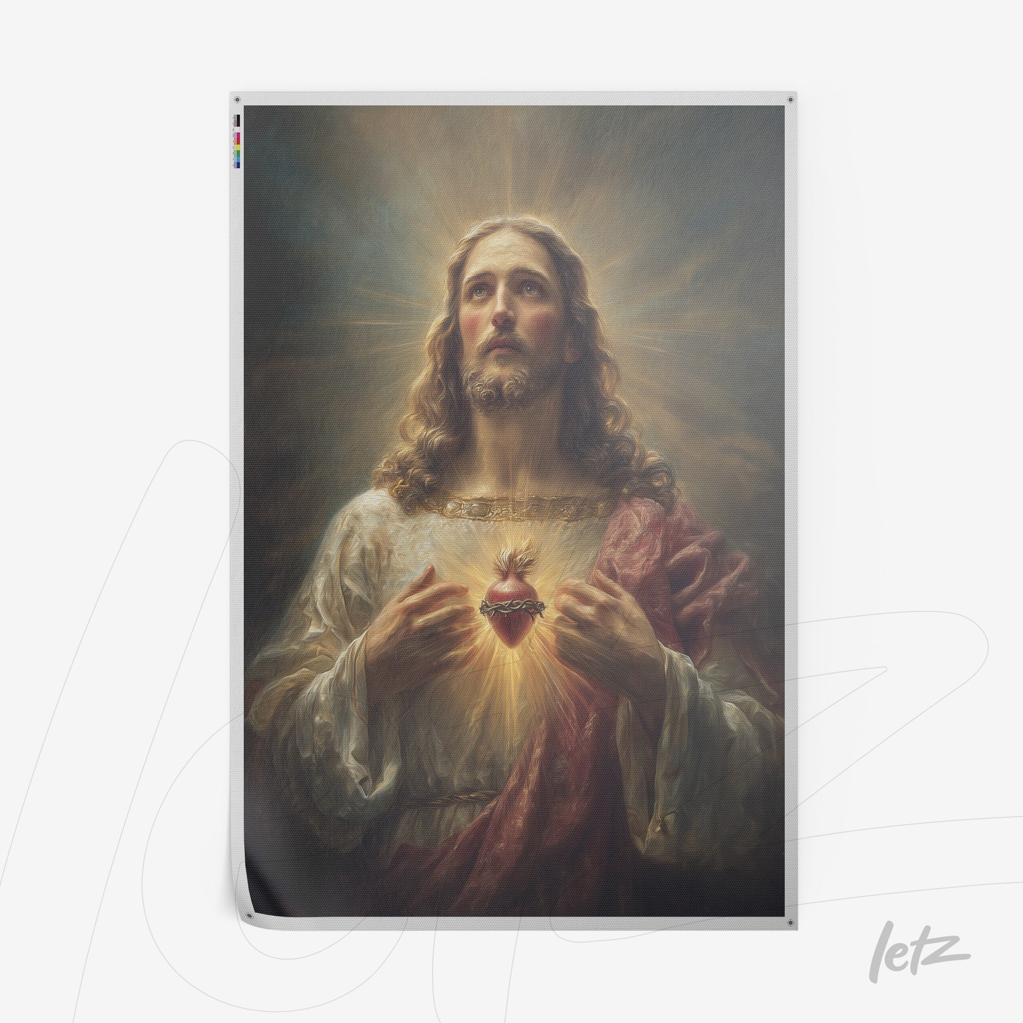 quadro com arte religiosa retratando Jesus Cristo em moldura simples com fundo iluminado