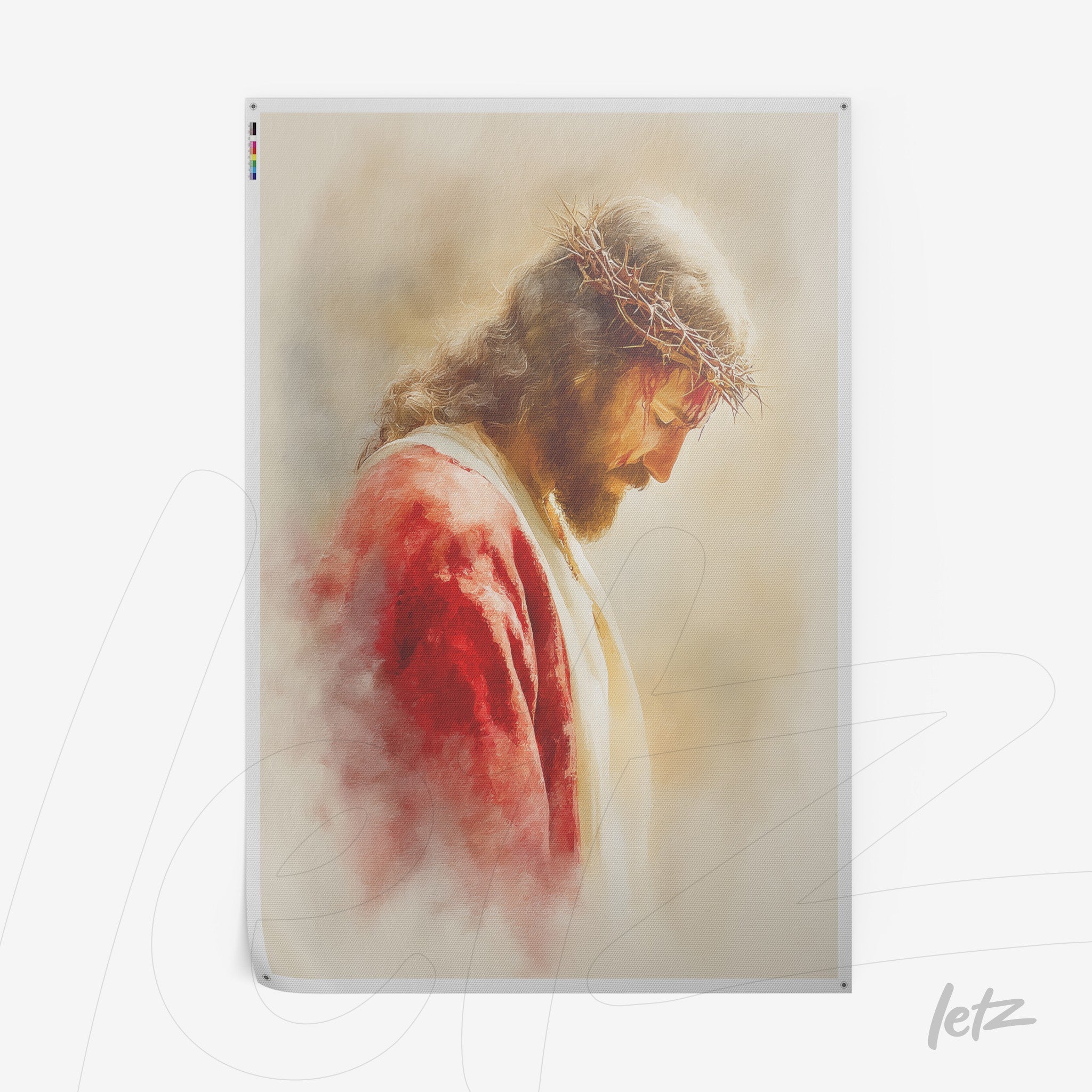 quadro com arte religiosa de Jesus Cristo com coroa de espinhos, fundo suave e tons quentes