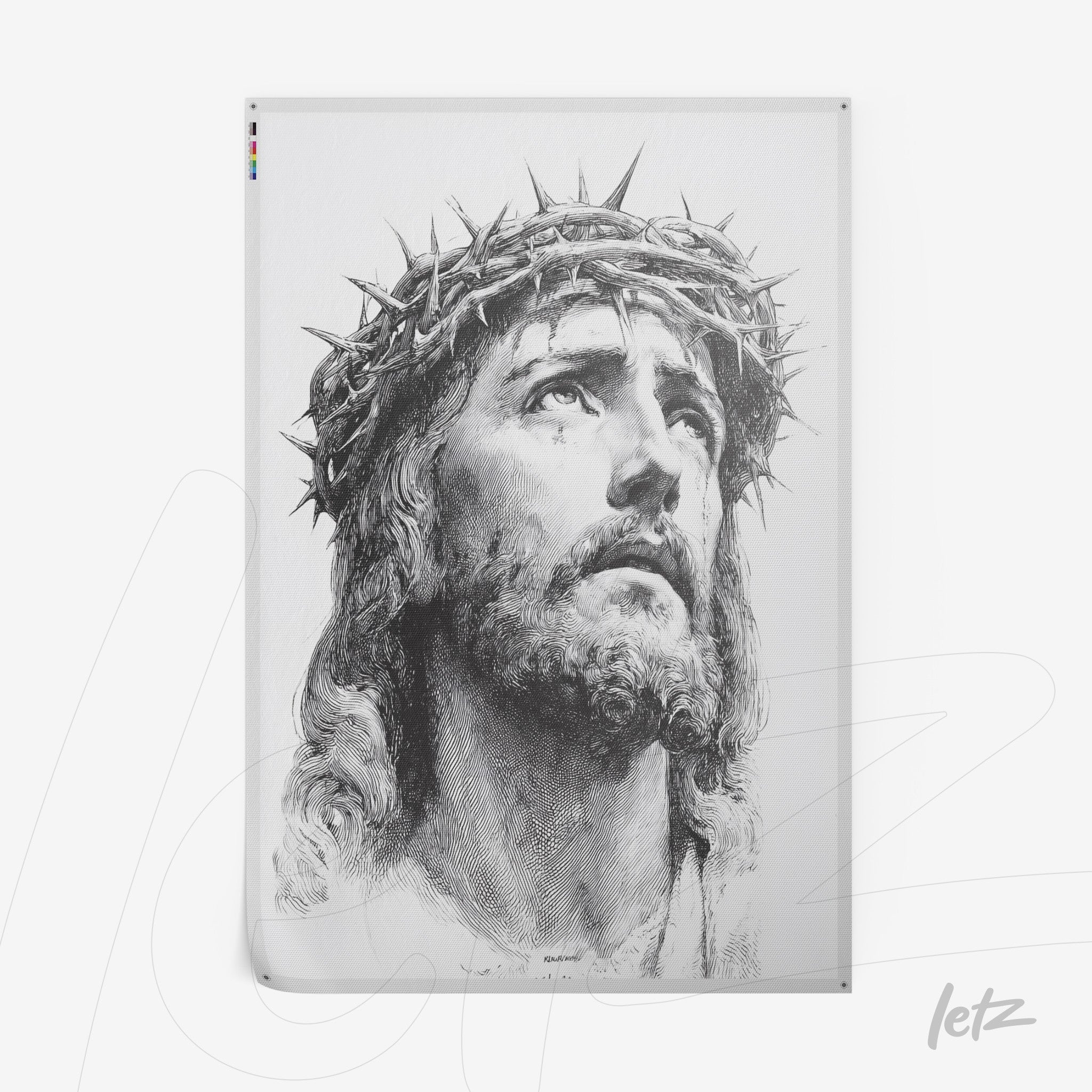 quadro em estilo clássico com retrato de Jesus Cristo usando coroa de espinhos em tons de cinza e fundo branco