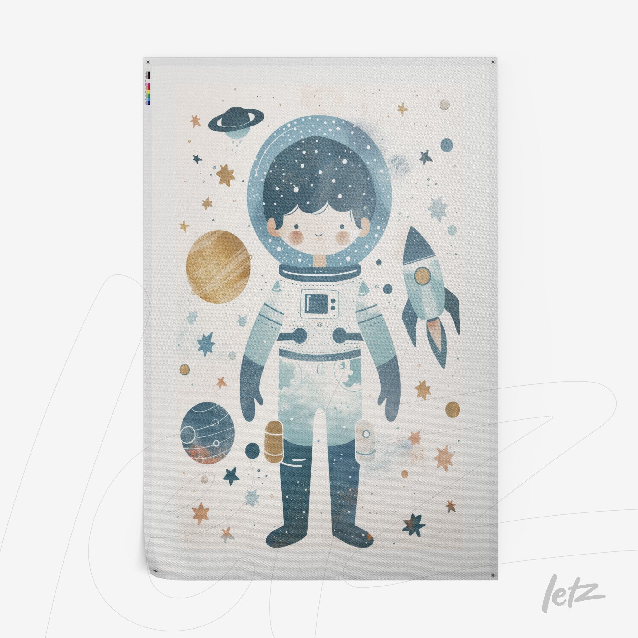 quadro com ilustração de astronauta em traje espacial, rodeado por planetas e estrelas em fundo suave