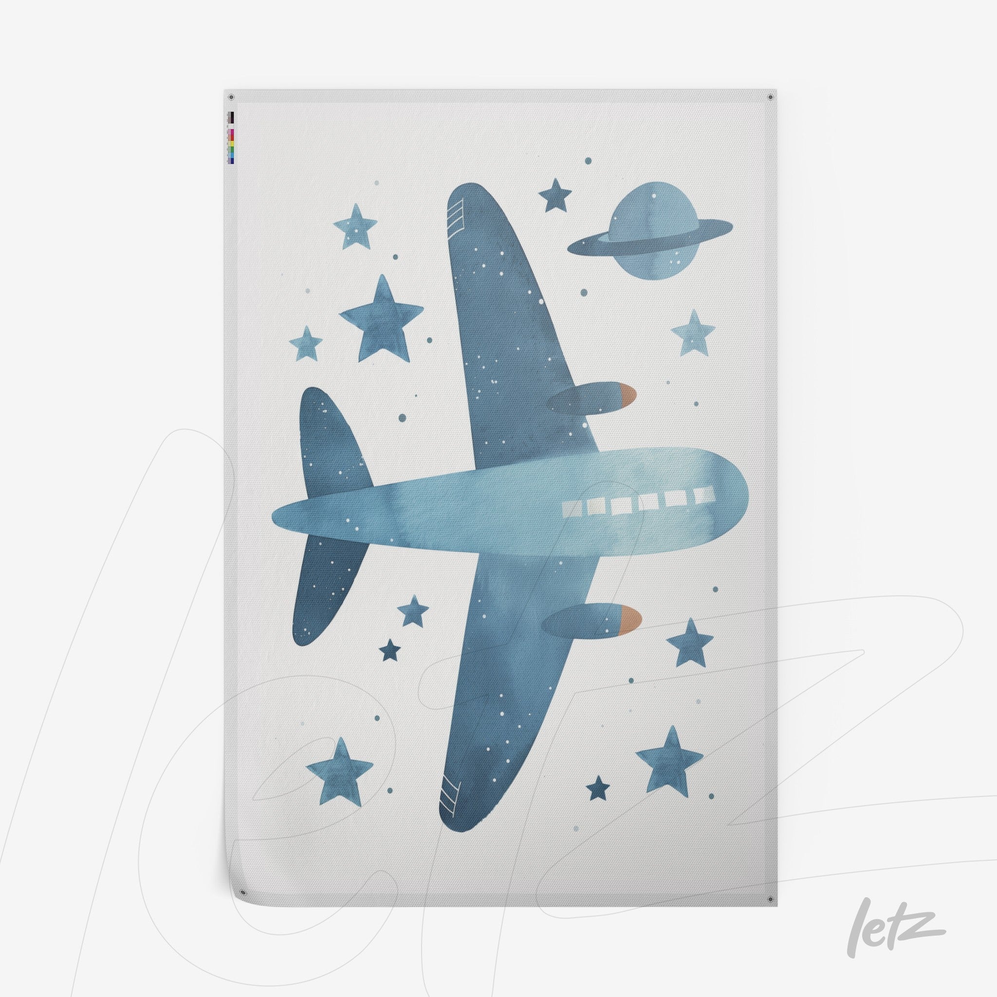 quadro com ilustração aquarela de um avião azul sob um céu estrelado com planetas