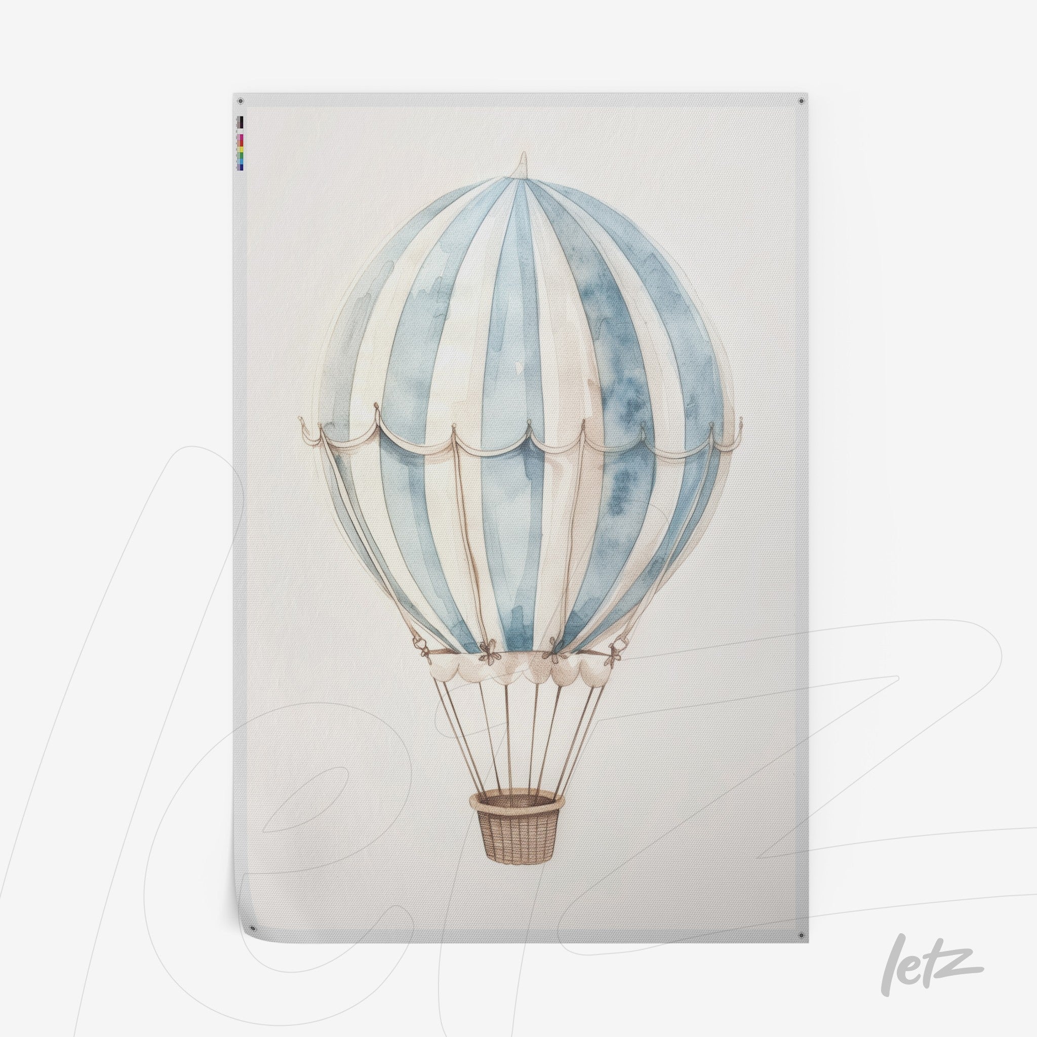quadro com ilustração de balão de ar quente em tons de azul e branco sobre fundo claro