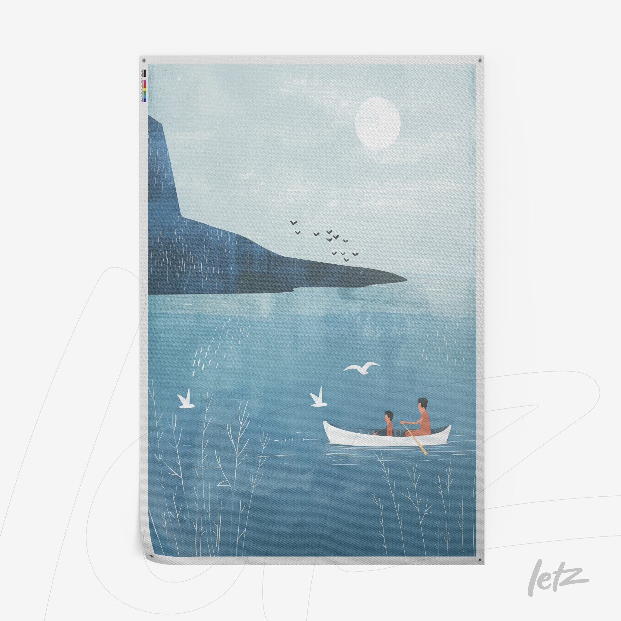 quadro com arte digital de um casal em um barco sobre águas calmas, em uma paisagem com montanhas e céu azul claro