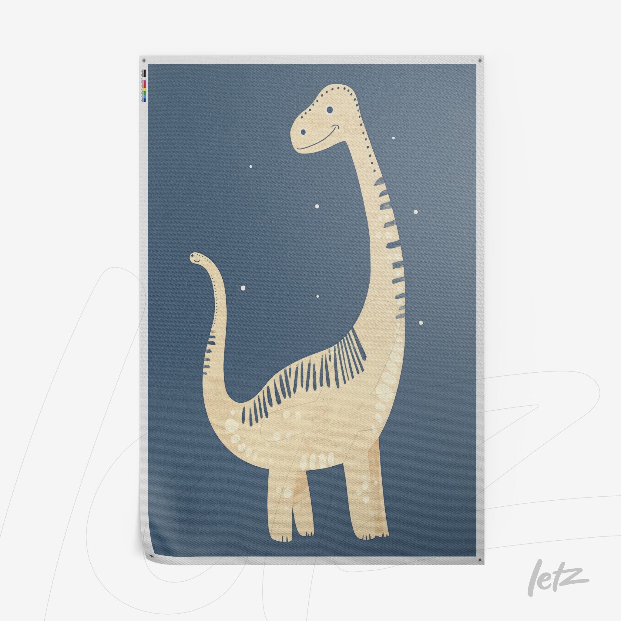 quadro com ilustração de dinossauro amarelo em fundo azul escuro