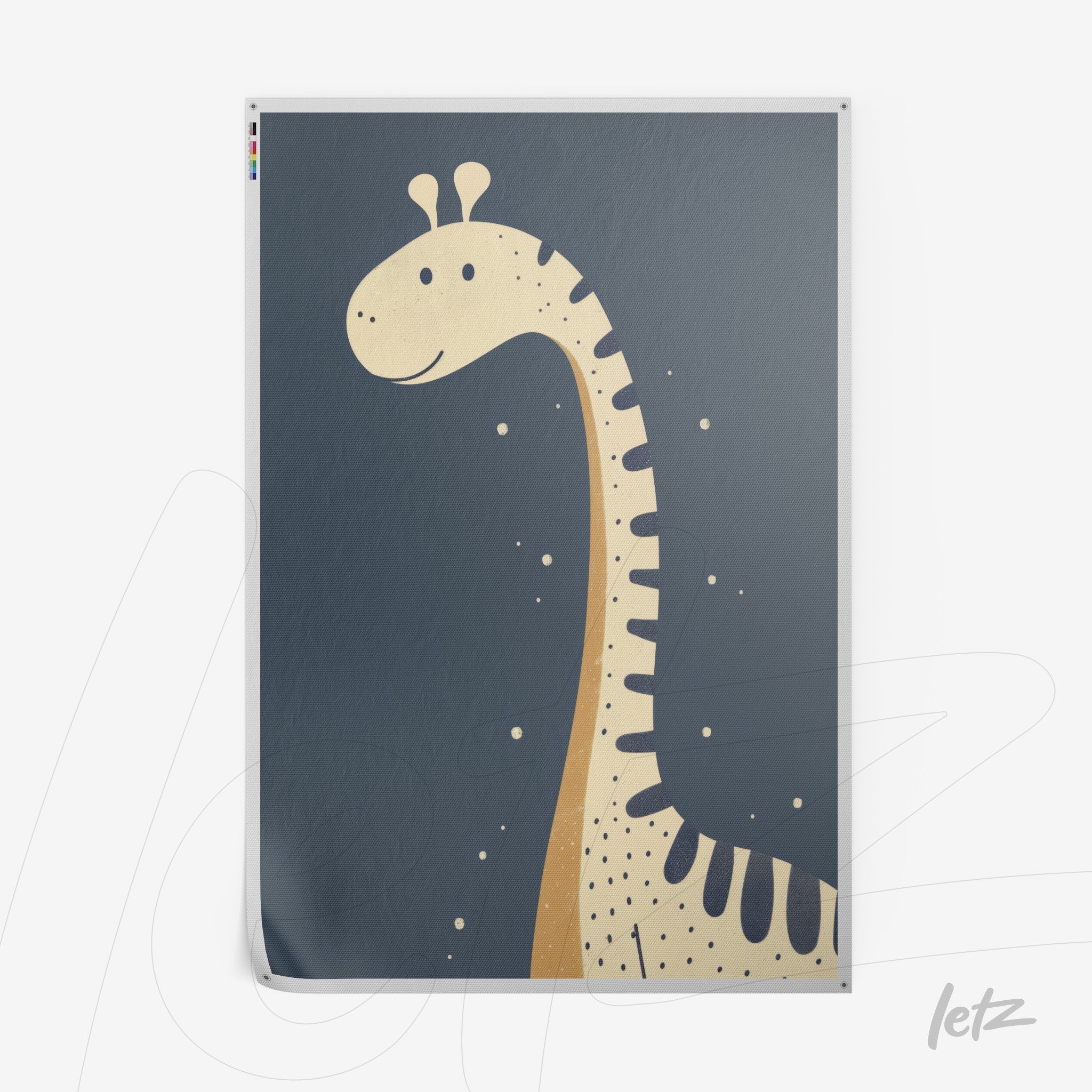 quadro com ilustração de girafa em fundo azul escuro e textura suave